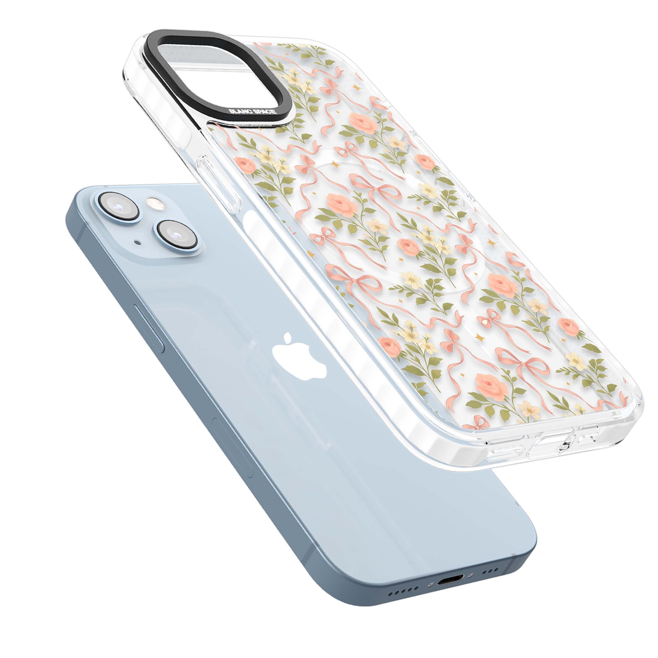 Ribbon Garden coquette iPhone case featuring pink bows, peach roses and wildflowers on white background | Impact Magsafe case for iPhone 13, iPhone 14, iPhone 15