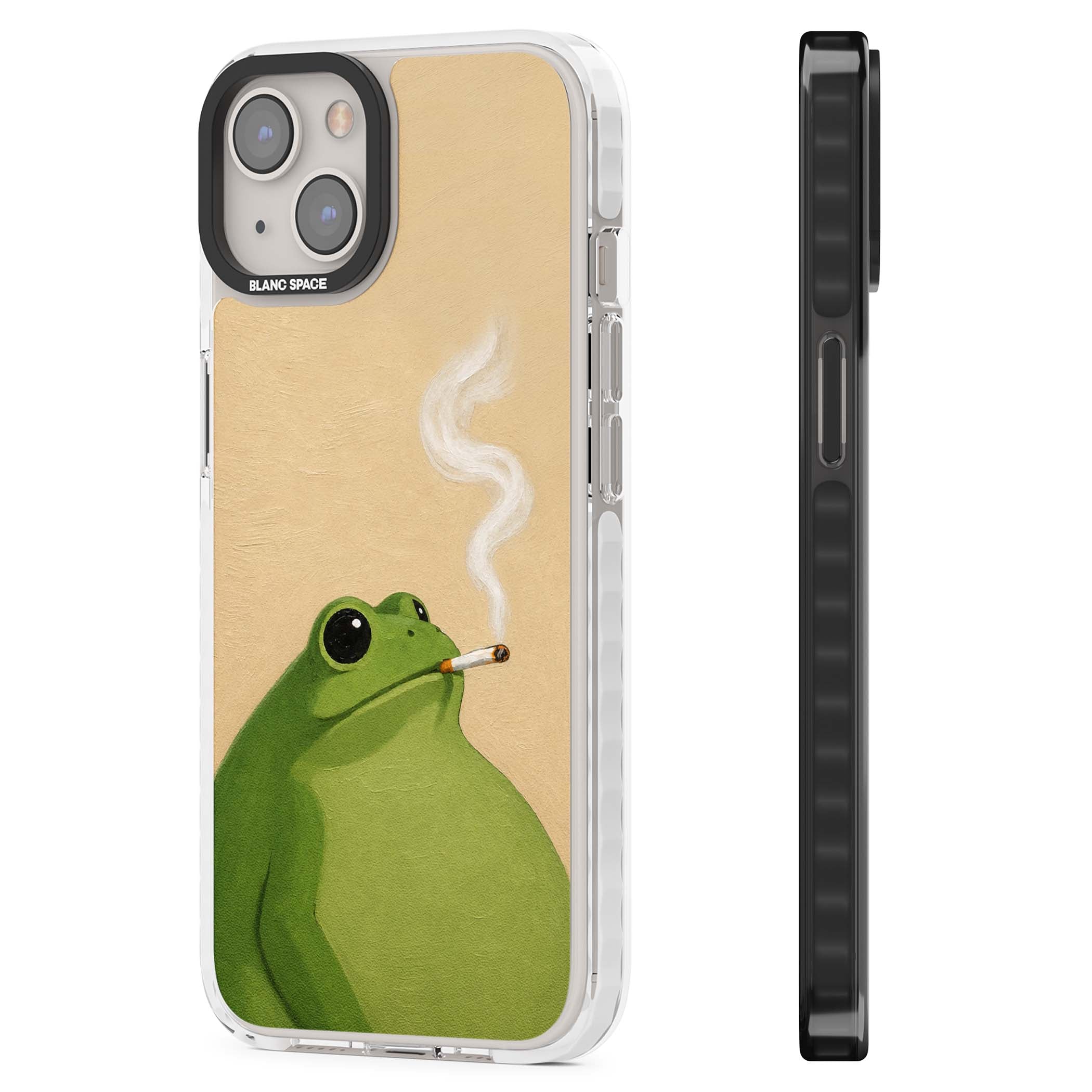 The Smoking Frog cottagecore iPhone case featuring a hand-painted green frog smoking a cigarette on a cream oil painting back | Impact Magsafe case for iPhone 13, iPhone 14, iPhone 15