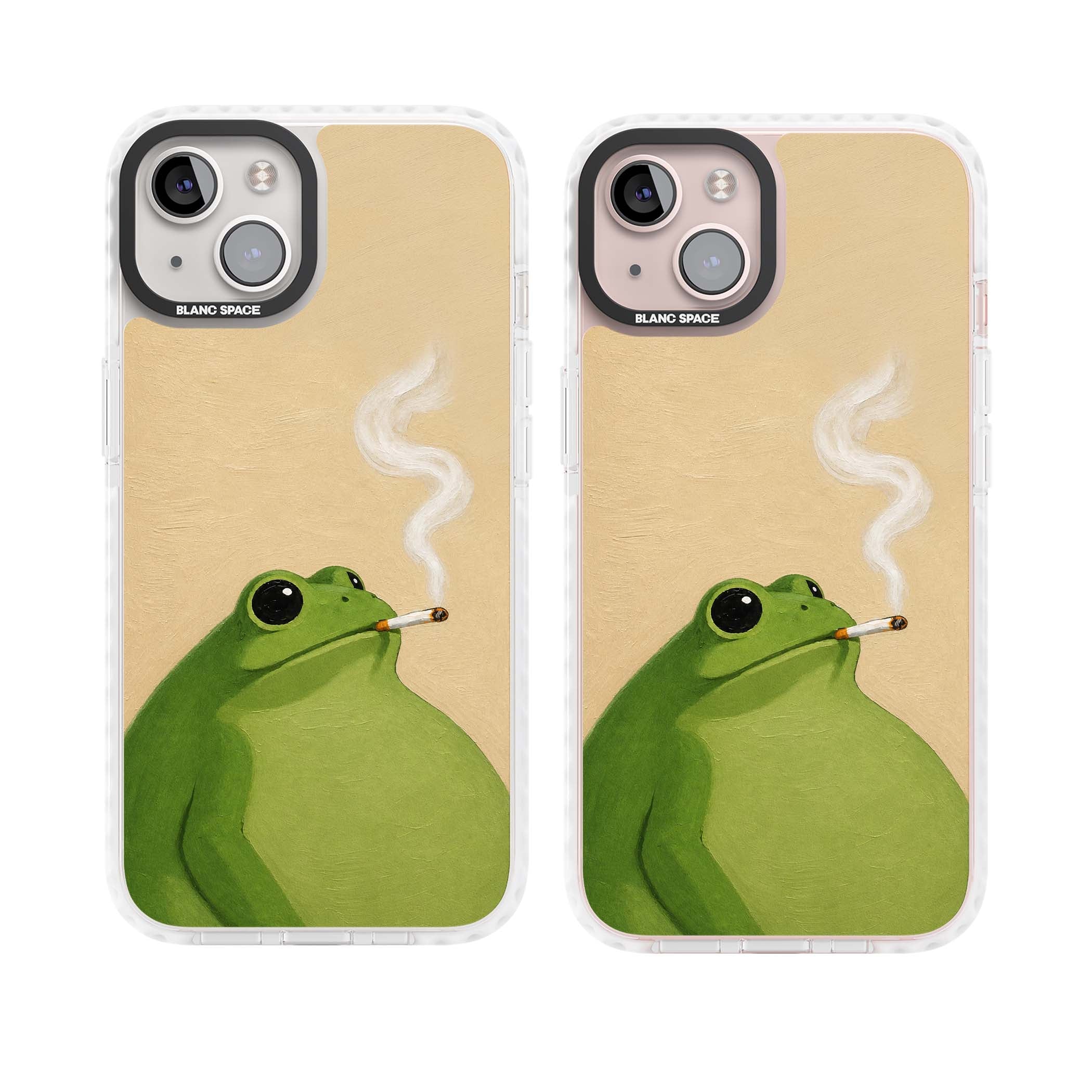 The Smoking Frog cottagecore iPhone case featuring a hand-painted green frog smoking a cigarette on a cream oil painting back | Impact Magsafe case for iPhone 13, iPhone 14, iPhone 15