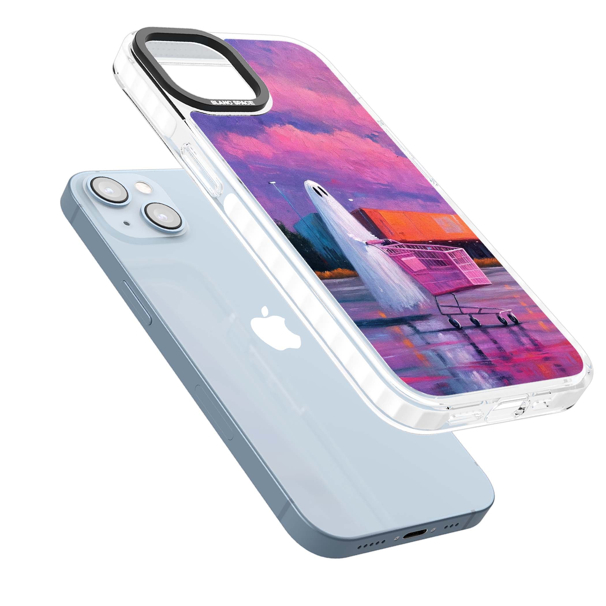 A Ghost's Errand ghost halloween iPhone case featuring a painted ghost, pink shopping trolley and purple sunset sky | Impact Magsafe case for iPhone 13, iPhone 14, iPhone 15