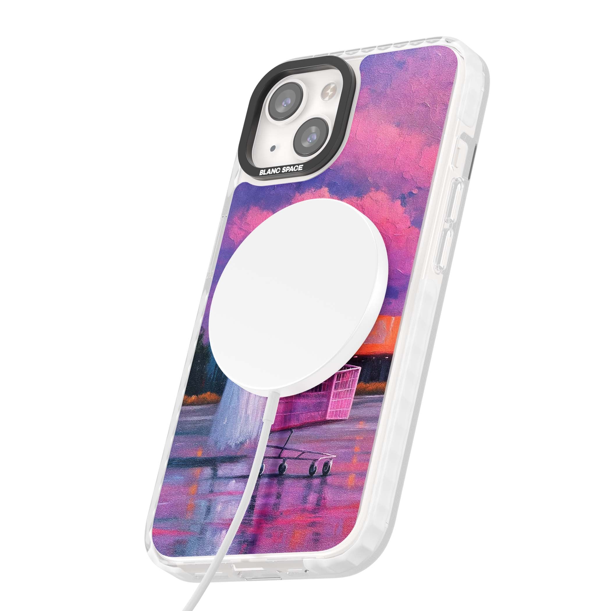 A Ghost's Errand ghost halloween iPhone case featuring a painted ghost, pink shopping trolley and purple sunset sky | Impact Magsafe case for iPhone 13, iPhone 14, iPhone 15