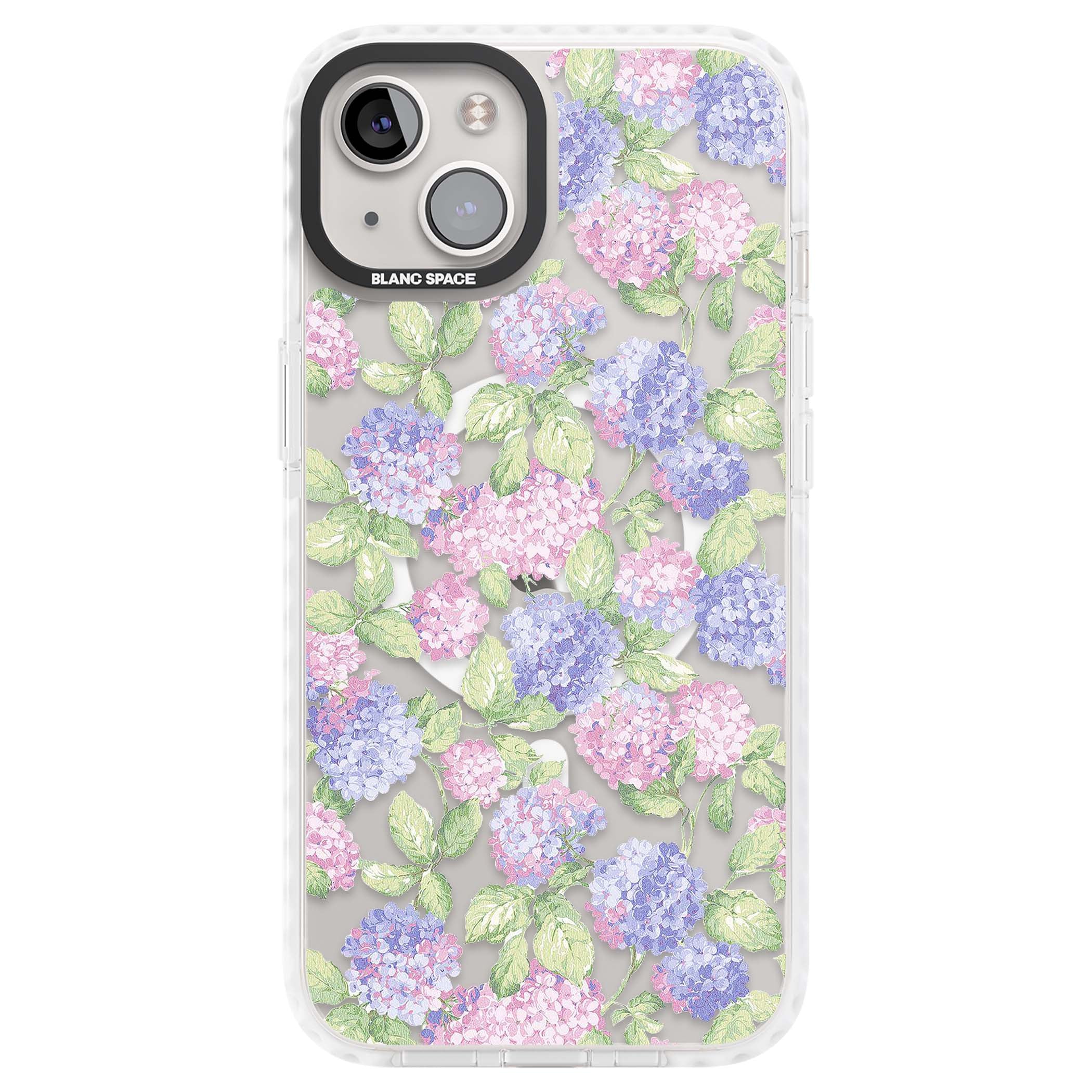 Cottage Hydrangea cottagecore iPhone case featuring pink and purple hydrangea blooms with green leaves on a clear background | Impact Magsafe case for iPhone 13, iPhone 14, iPhone 15