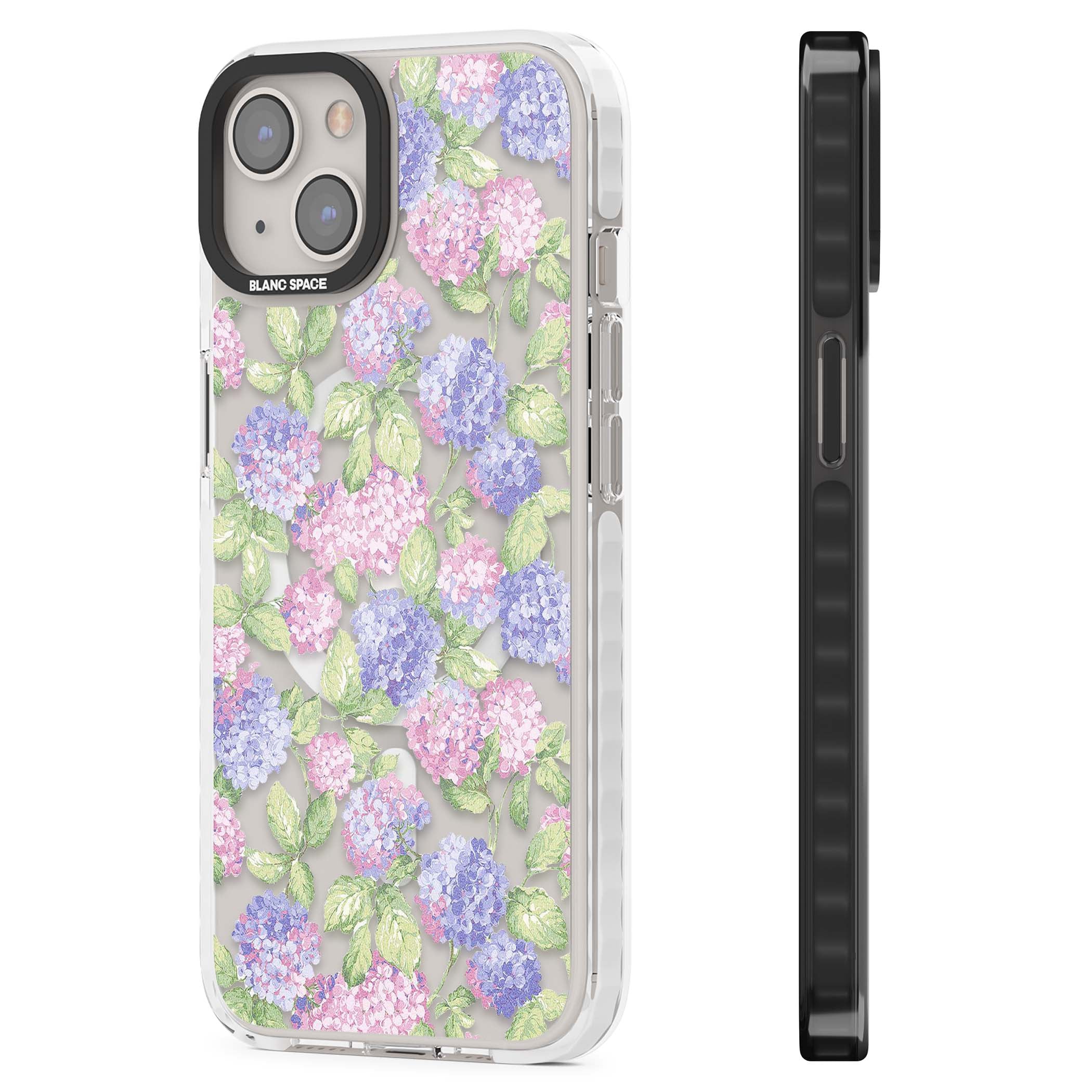 Cottage Hydrangea cottagecore iPhone case featuring pink and purple hydrangea blooms with green leaves on a clear background | Impact Magsafe case for iPhone 13, iPhone 14, iPhone 15