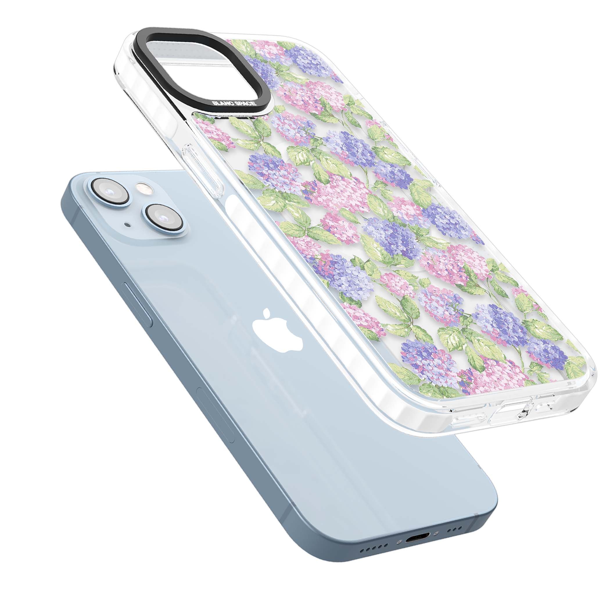 Cottage Hydrangea cottagecore iPhone case featuring pink and purple hydrangea blooms with green leaves on a clear background | Impact Magsafe case for iPhone 13, iPhone 14, iPhone 15