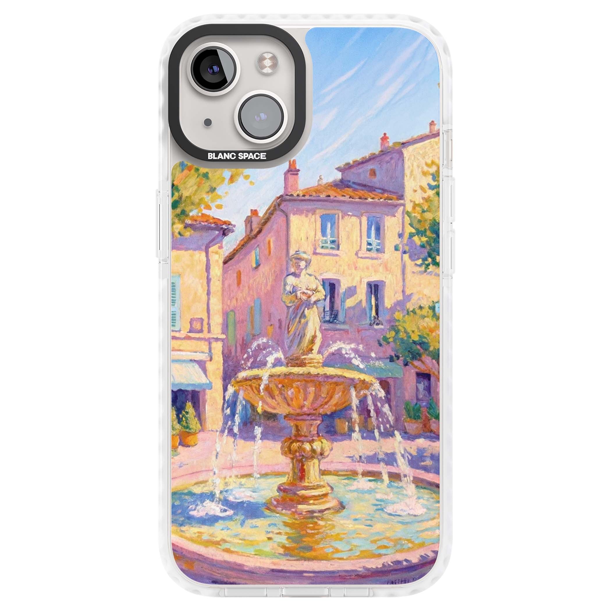 Fountain Square fine art iPhone case featuring an impressionist Provençal fountain, pastel village buildings and summe | Impact Magsafe case for iPhone 13, iPhone 14, iPhone 15