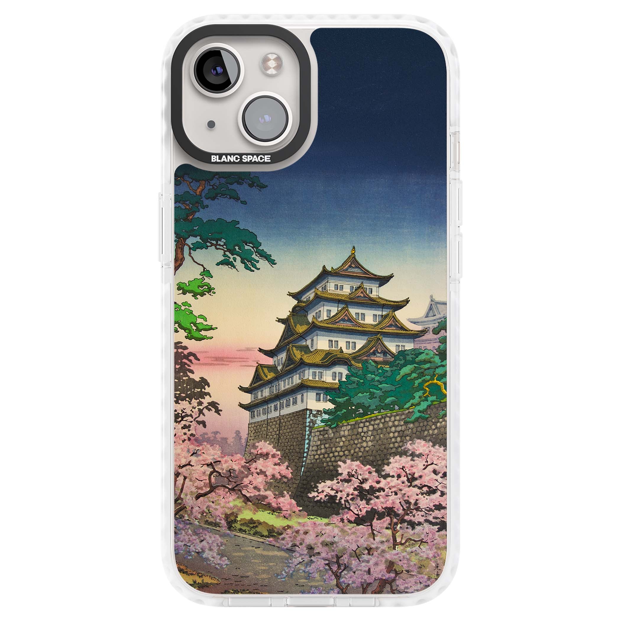 Nagoya Castle Japanese iPhone case featuring a vintage pagoda, twilight sky and cherry blossom trees | Impact Magsafe case for iPhone 13, iPhone 14, iPhone 15
