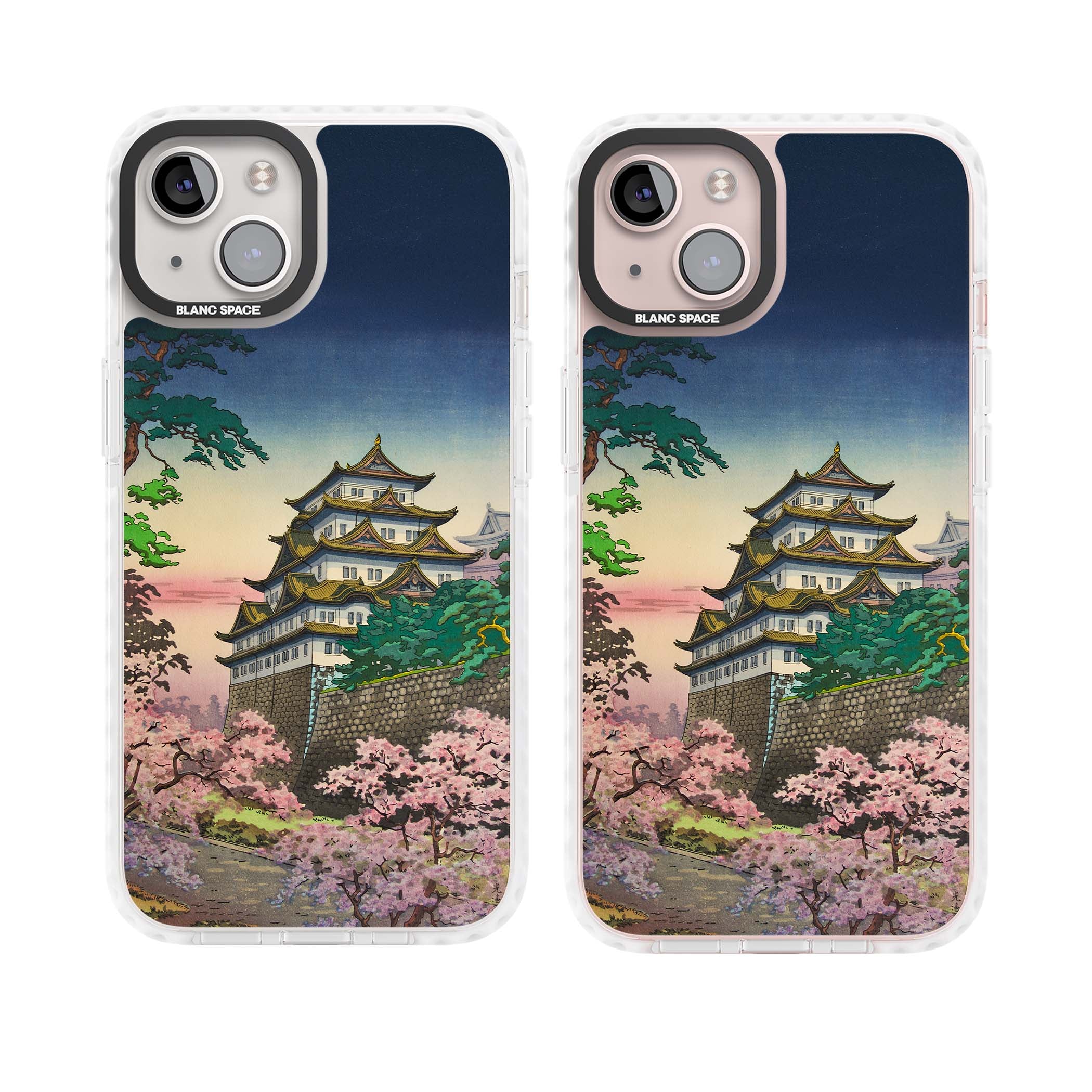 Nagoya Castle Japanese iPhone case featuring a vintage pagoda, twilight sky and cherry blossom trees | Impact Magsafe case for iPhone 13, iPhone 14, iPhone 15