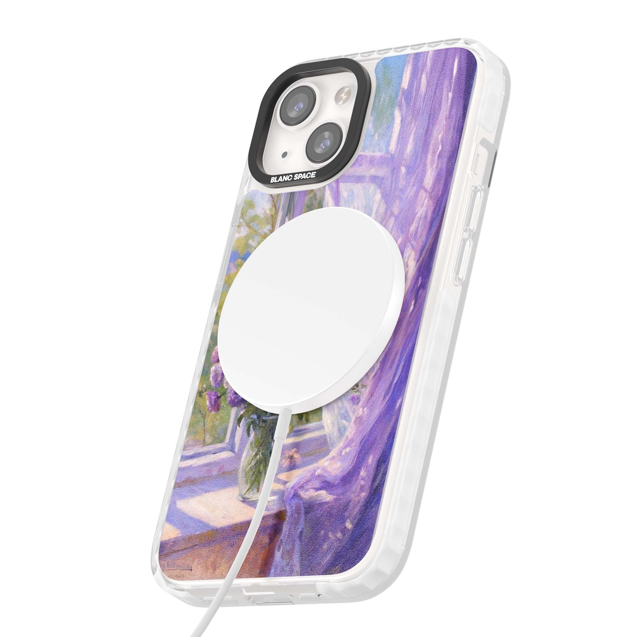 A Provence Morning impressionist art iPhone case featuring a vase of purple flowers, sunlit window and sheer curt | Impact Magsafe case for iPhone 13, iPhone 14, iPhone 15