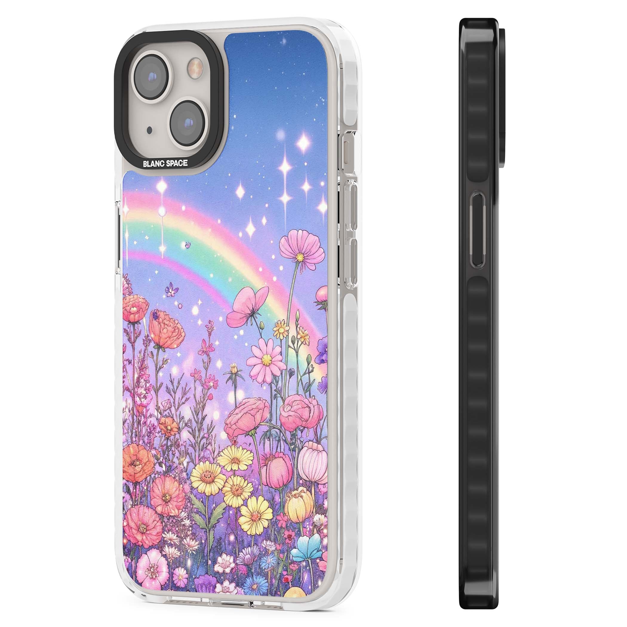 Magical Meadow fairycore iPhone case featuring a pastel rainbow, sparkling stars and a wildflower meadow | Impact Magsafe case for iPhone 13, iPhone 14, iPhone 15