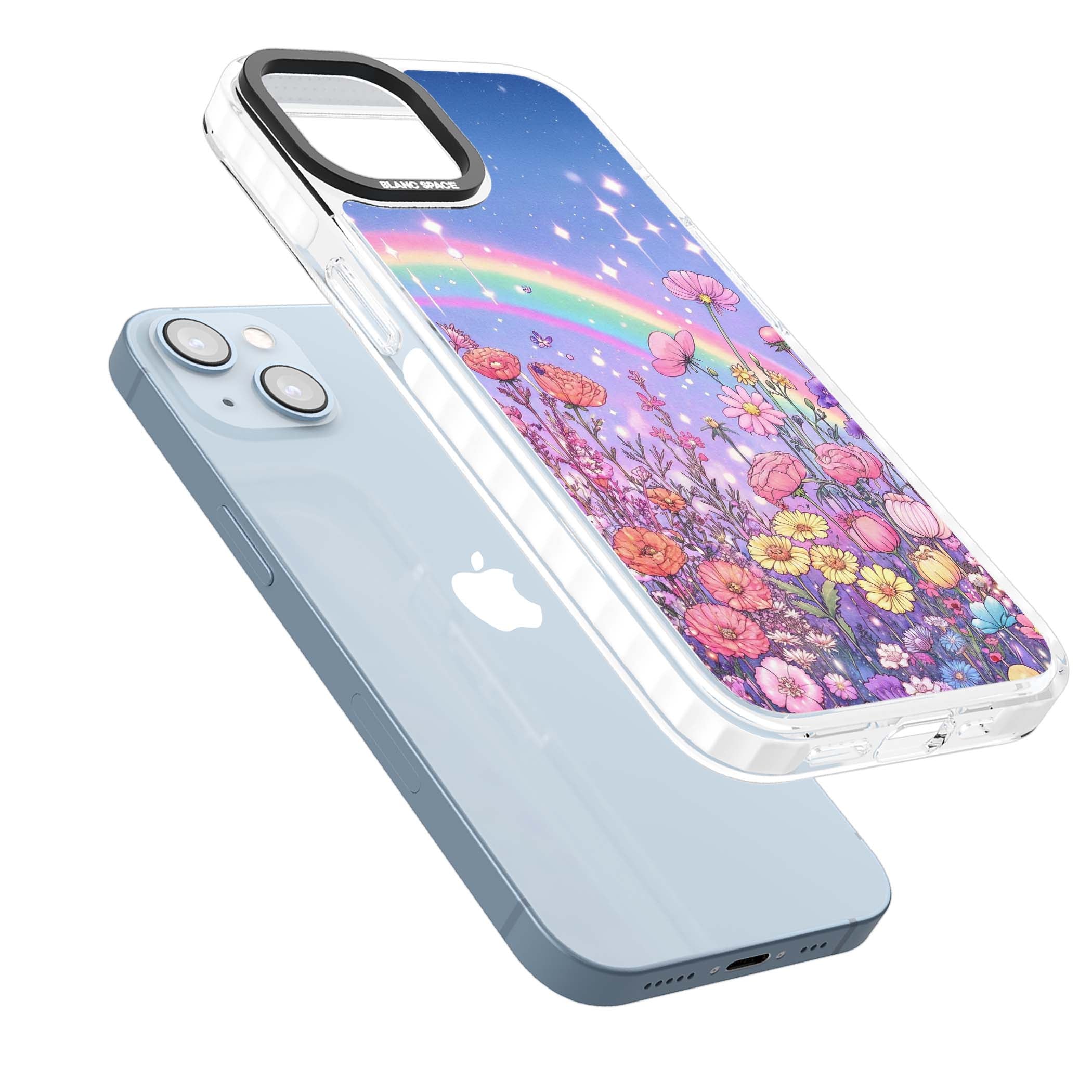 Magical Meadow fairycore iPhone case featuring a pastel rainbow, sparkling stars and a wildflower meadow | Impact Magsafe case for iPhone 13, iPhone 14, iPhone 15