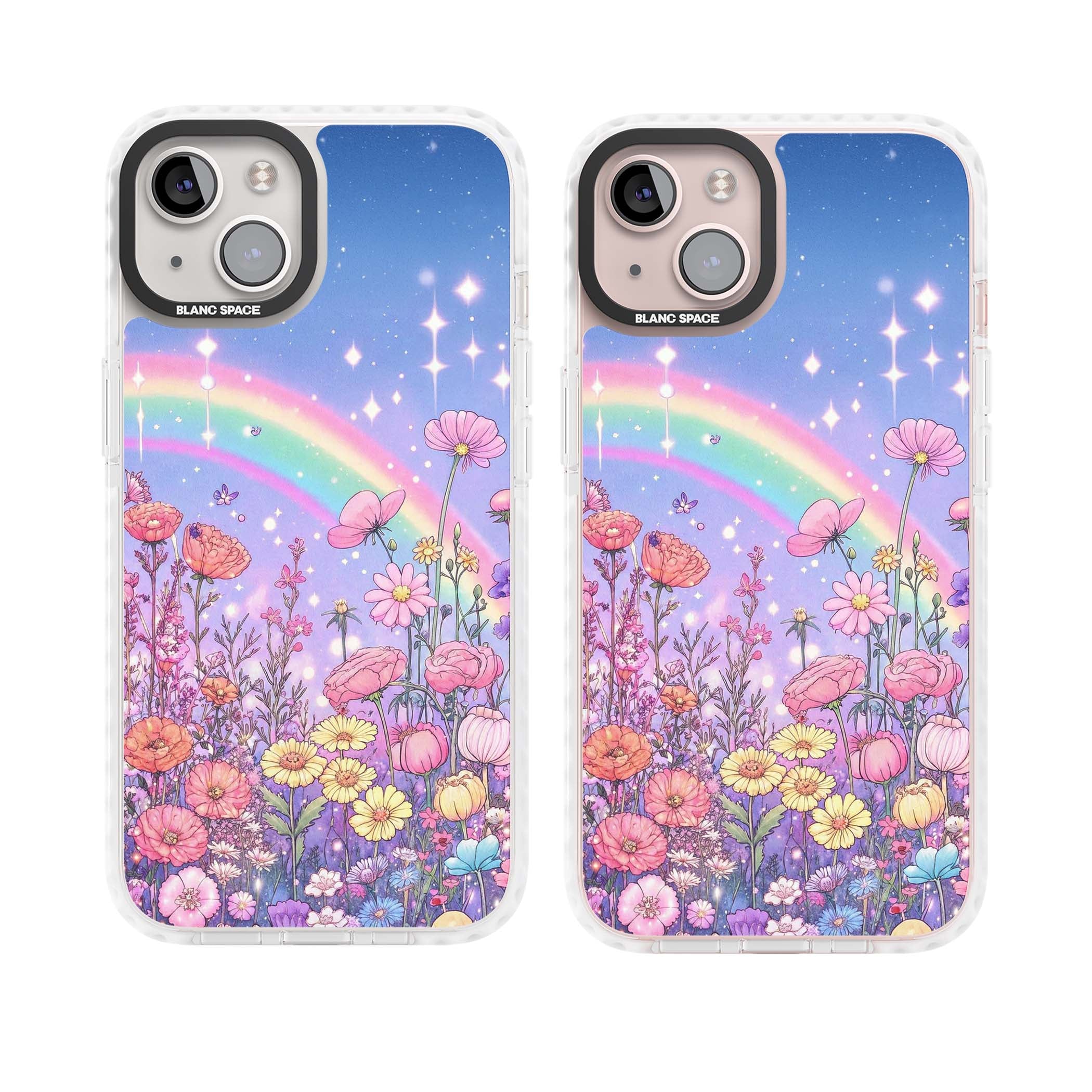 Magical Meadow fairycore iPhone case featuring a pastel rainbow, sparkling stars and a wildflower meadow | Impact Magsafe case for iPhone 13, iPhone 14, iPhone 15
