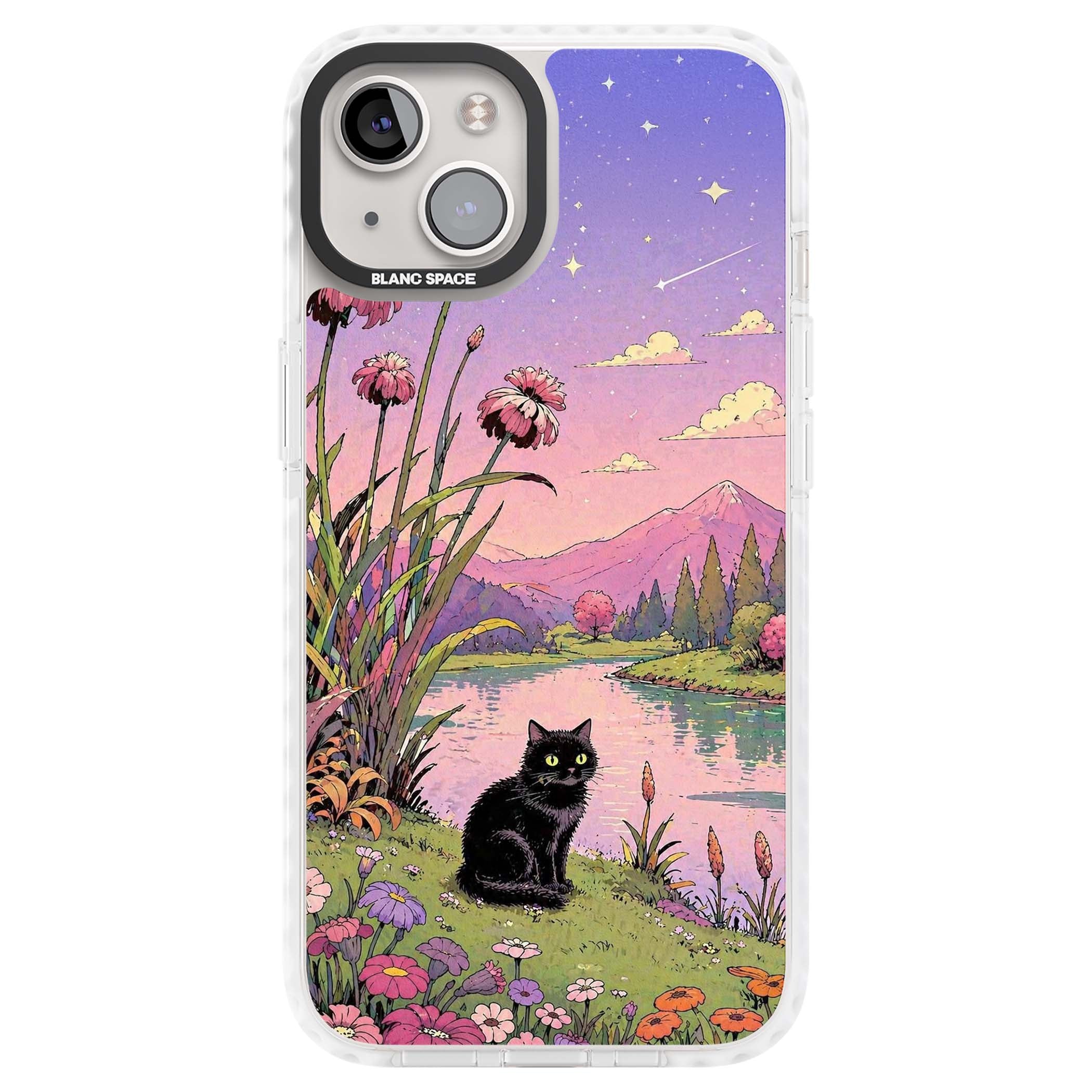 Mystic Whiskers ghibli iPhone case featuring a black cat by a pastel lake, wildflowers and a starry sunset sky | Impact Magsafe case for iPhone 13, iPhone 14, iPhone 15