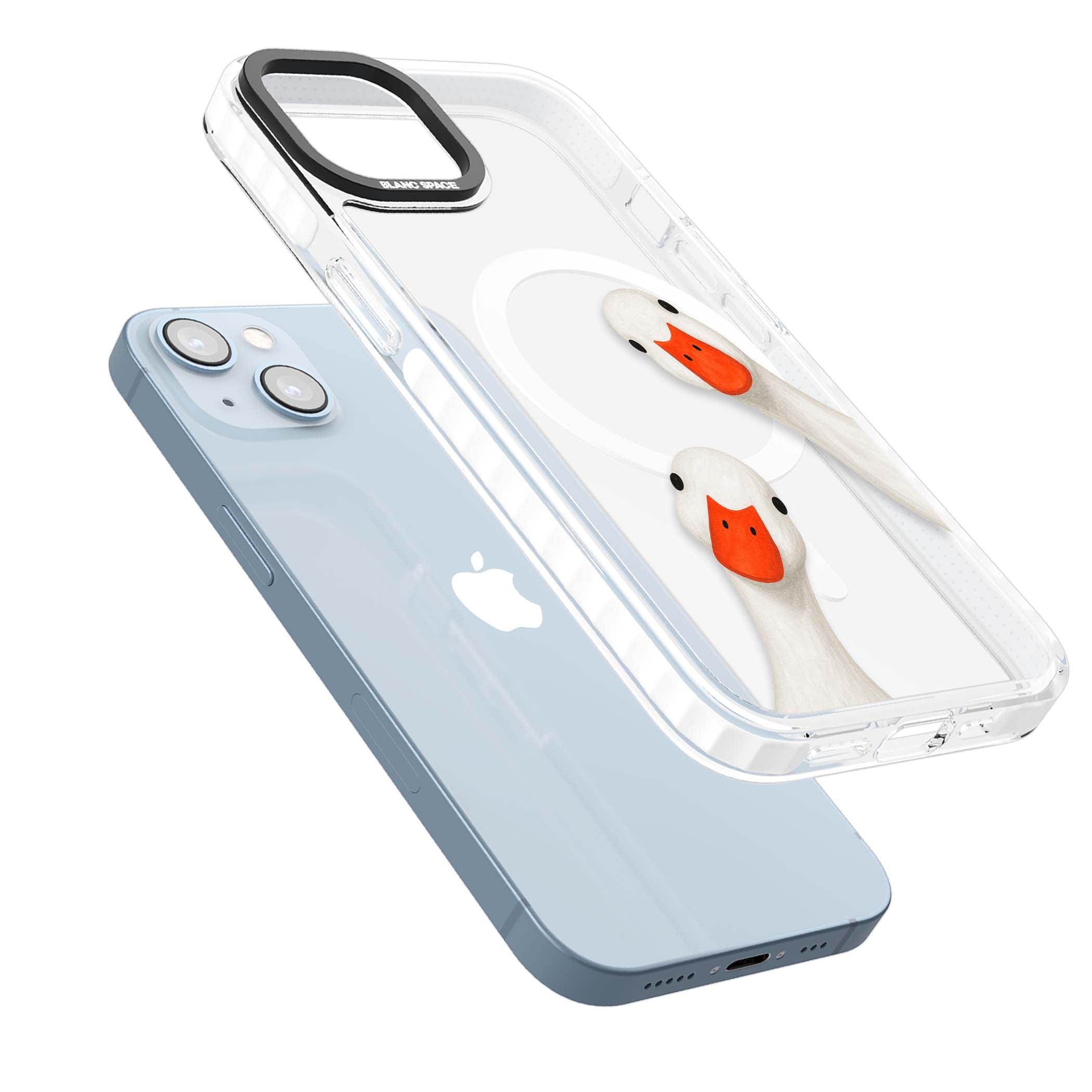 Nosy Ducks cottagecore iPhone case featuring two peeking white ducks with orange beaks on a clear background | Impact Magsafe case for iPhone 13, iPhone 14, iPhone 15