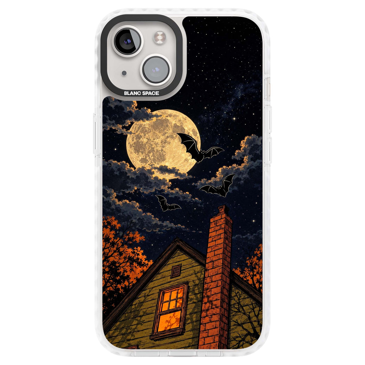 Hollows Eve Halloween iPhone case featuring a haunted house, full moon and flying bats against a starry autumn sky | Impact Magsafe case for iPhone 13, iPhone 14, iPhone 15