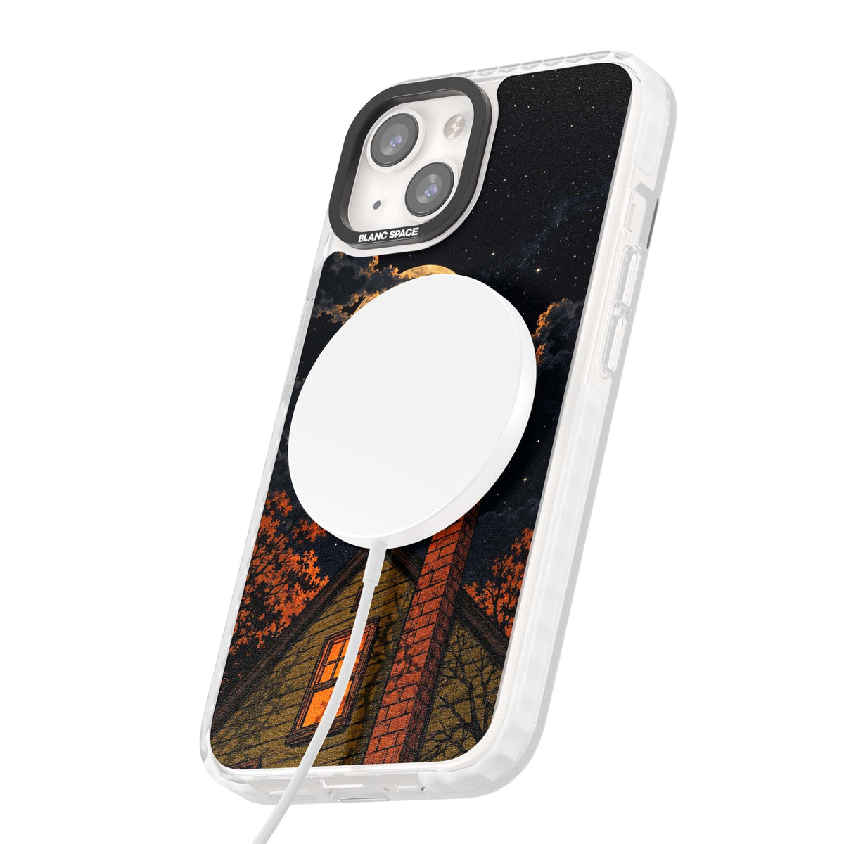 Hollows Eve Halloween iPhone case featuring a haunted house, full moon and flying bats against a starry autumn sky | Impact Magsafe case for iPhone 13, iPhone 14, iPhone 15