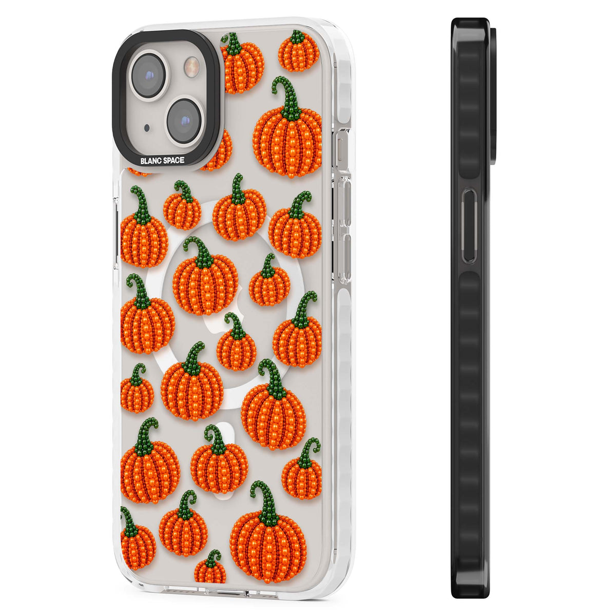 Beaded Pumpkins halloween iPhone case featuring beaded orange pumpkins with green stems on a clear background | Impact Magsafe case for iPhone 13, iPhone 14, iPhone 15