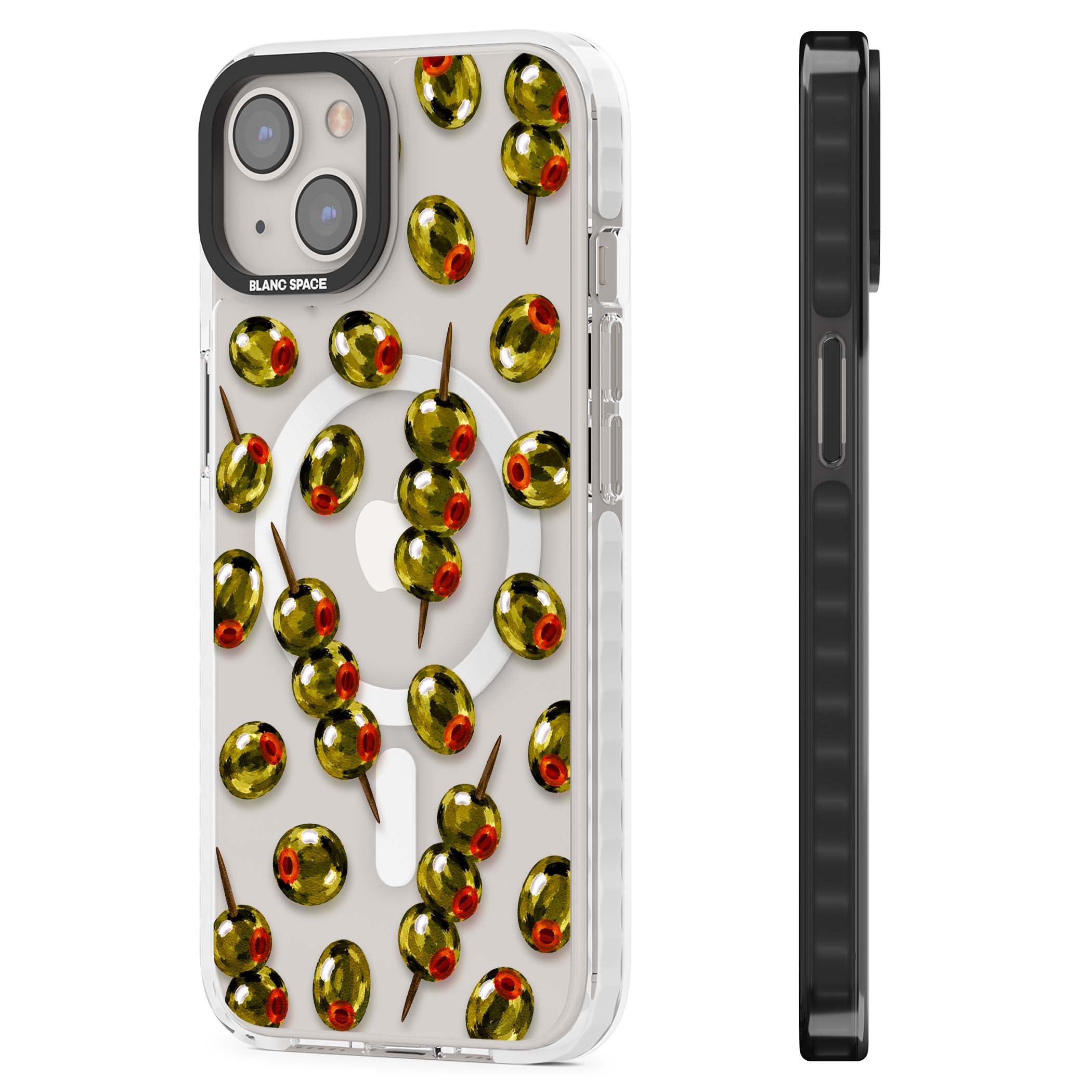 Painted Olives cocktail iPhone case featuring green olives, pimento centres and toothpick skewers on a clear background | Impact Magsafe case for iPhone 13, iPhone 14, iPhone 15