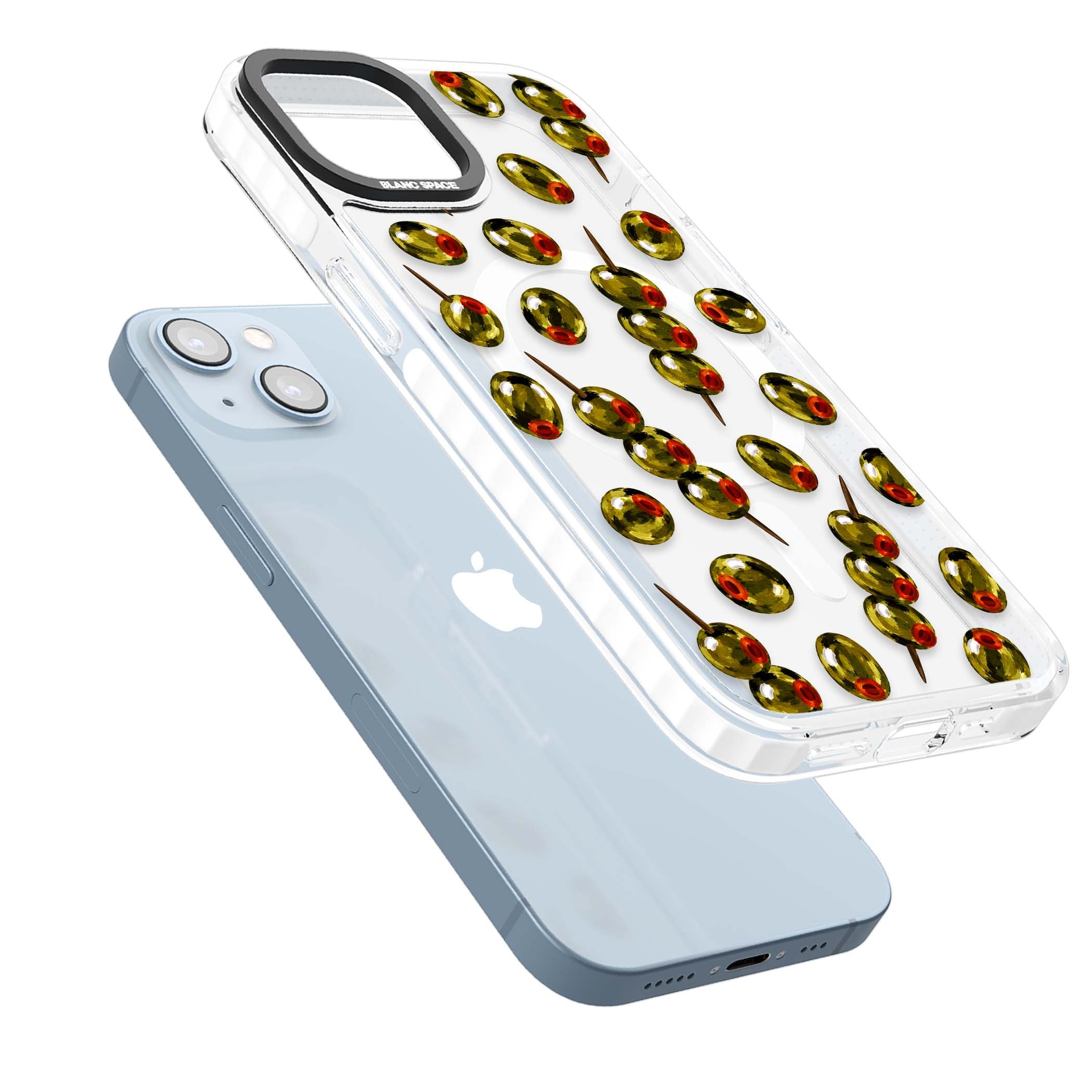 Painted Olives cocktail iPhone case featuring green olives, pimento centres and toothpick skewers on a clear background | Impact Magsafe case for iPhone 13, iPhone 14, iPhone 15