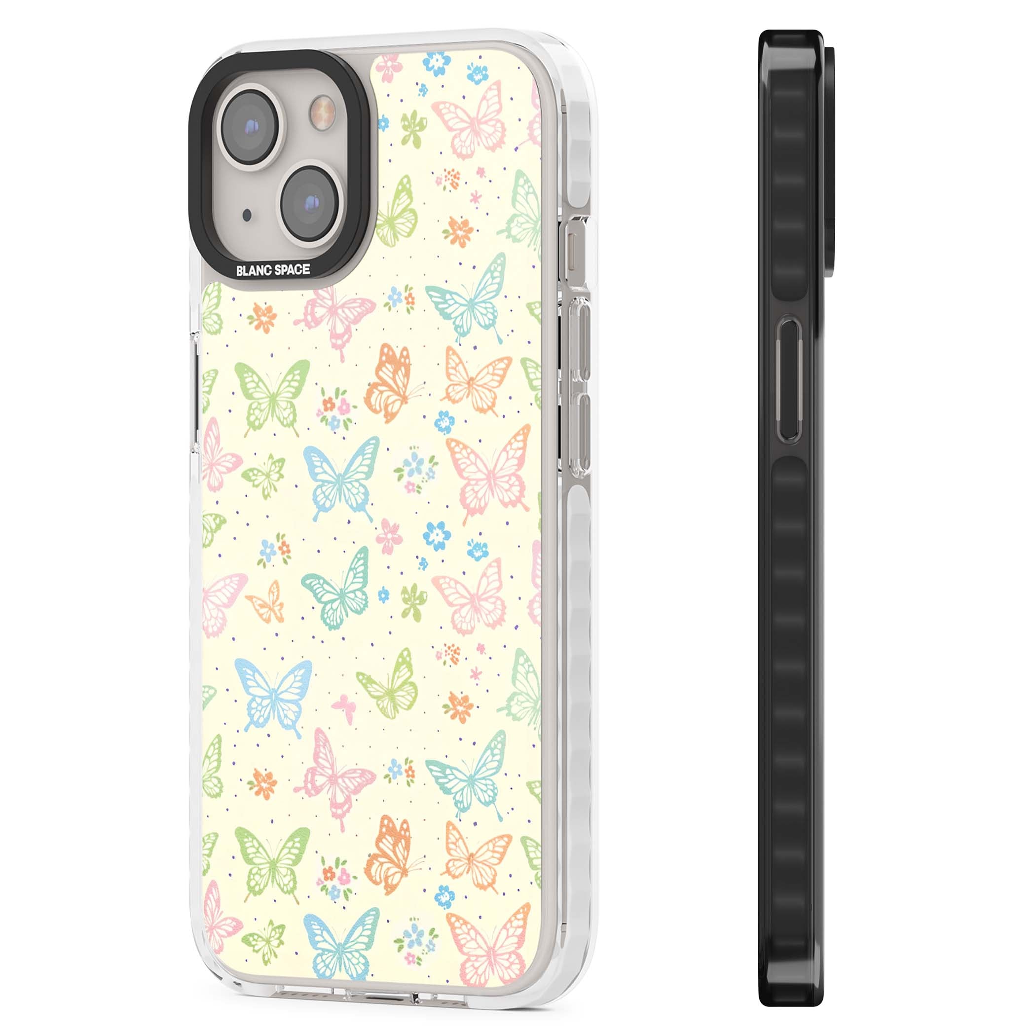 Sugar Wings cottagecore iPhone case featuring rainbow pastel butterflies, tiny wildflowers, and a cream background | Impact Magsafe case for iPhone 13, iPhone 14, iPhone 15