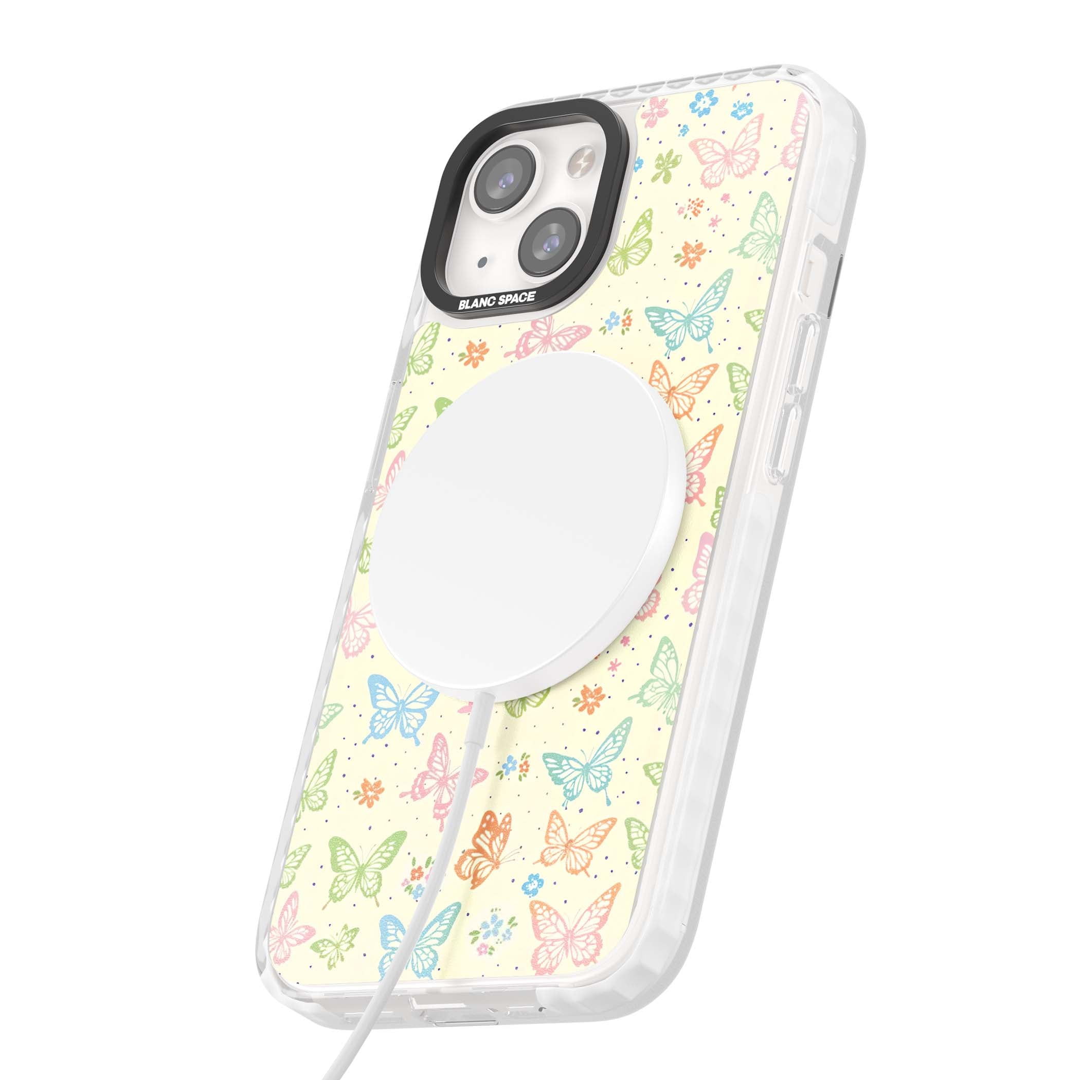 Sugar Wings cottagecore iPhone case featuring rainbow pastel butterflies, tiny wildflowers, and a cream background | Impact Magsafe case for iPhone 13, iPhone 14, iPhone 15