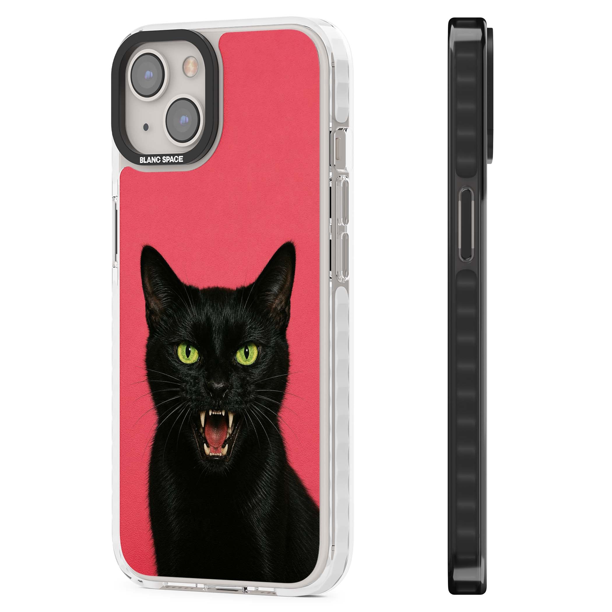 Hissin' Baddie black cat iPhone case featuring a hissing feline with green eyes on a hot pink background | Impact Magsafe case for iPhone 13, iPhone 14, iPhone 15