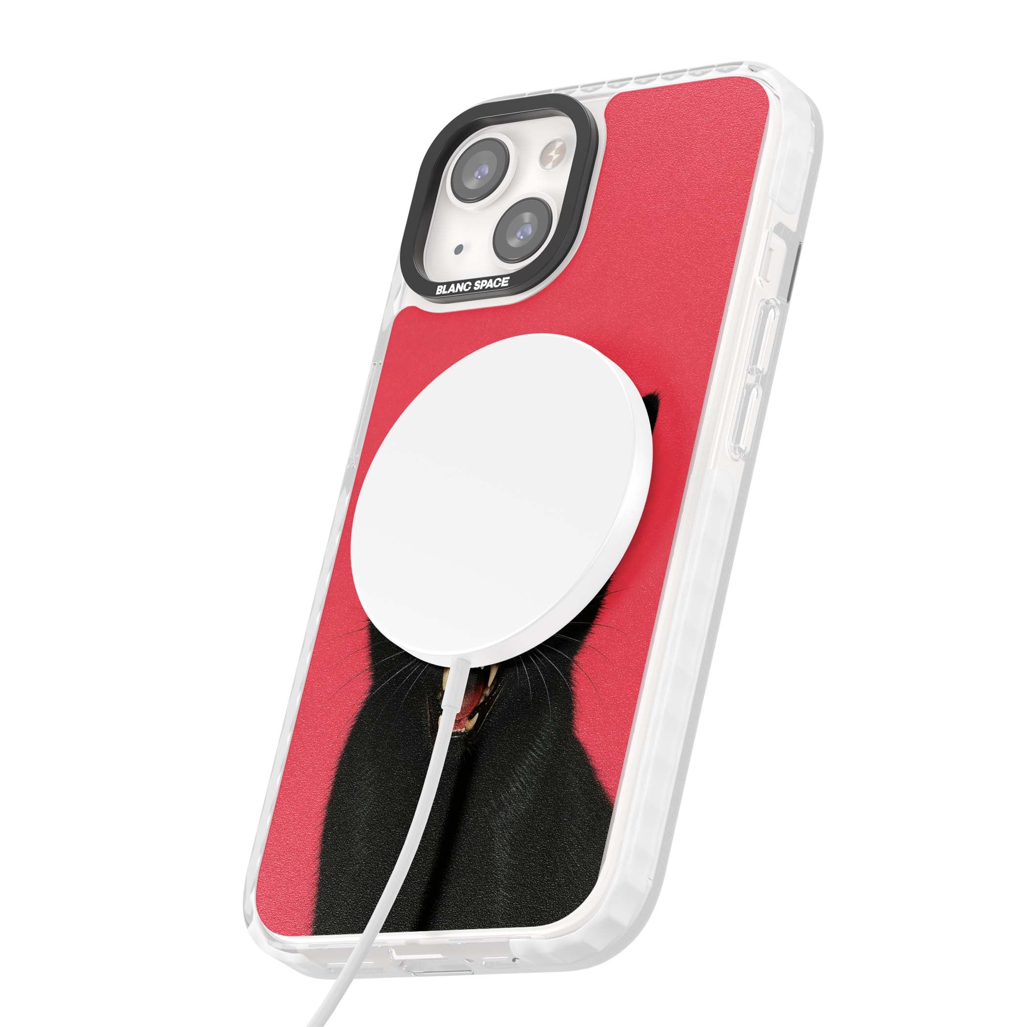 Hissin' Baddie black cat iPhone case featuring a hissing feline with green eyes on a hot pink background | Impact Magsafe case for iPhone 13, iPhone 14, iPhone 15