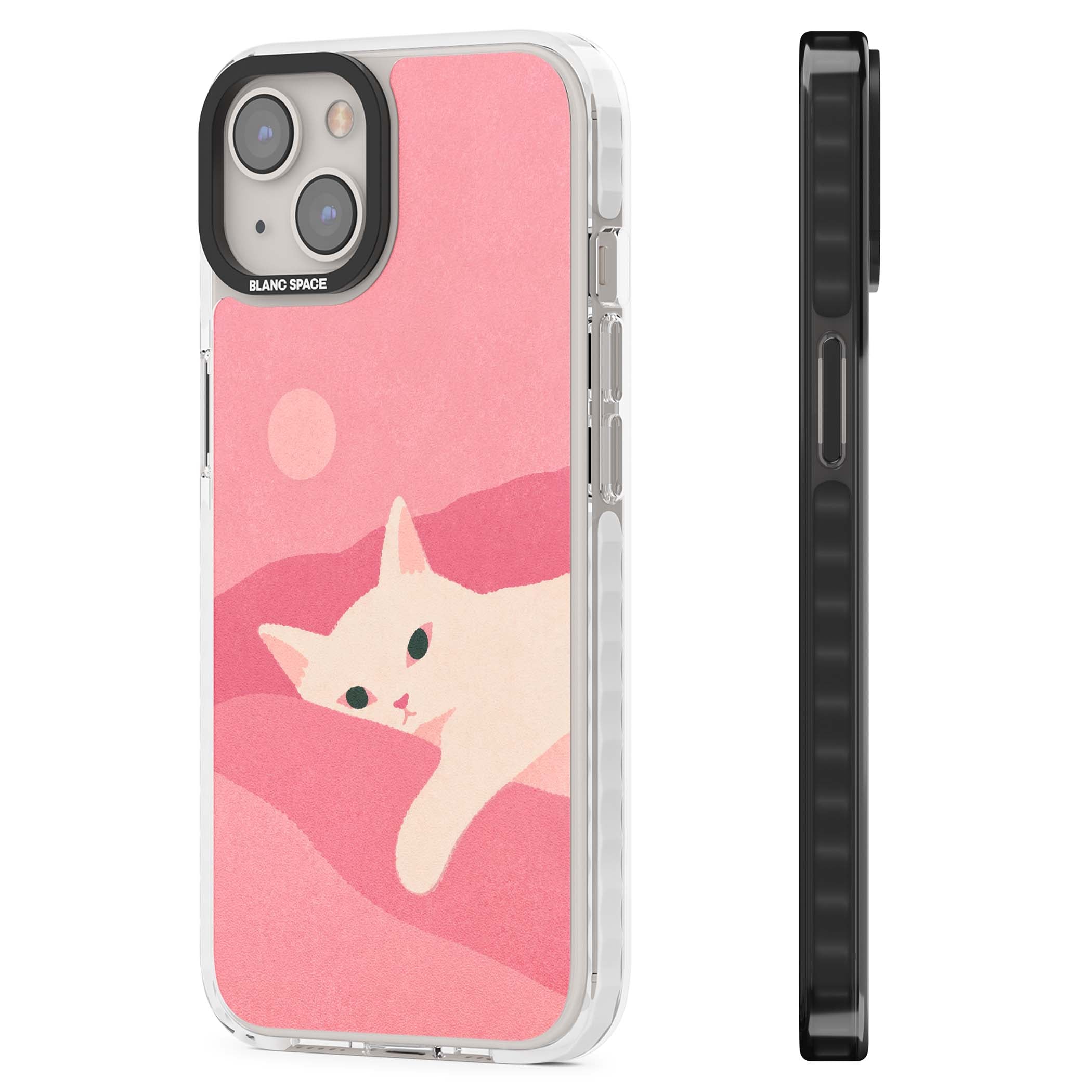 Pink Dreams cute cat iPhone case featuring a white kitten, soft pink hills and a pale pastel sun | Impact Magsafe case for iPhone 13, iPhone 14, iPhone 15