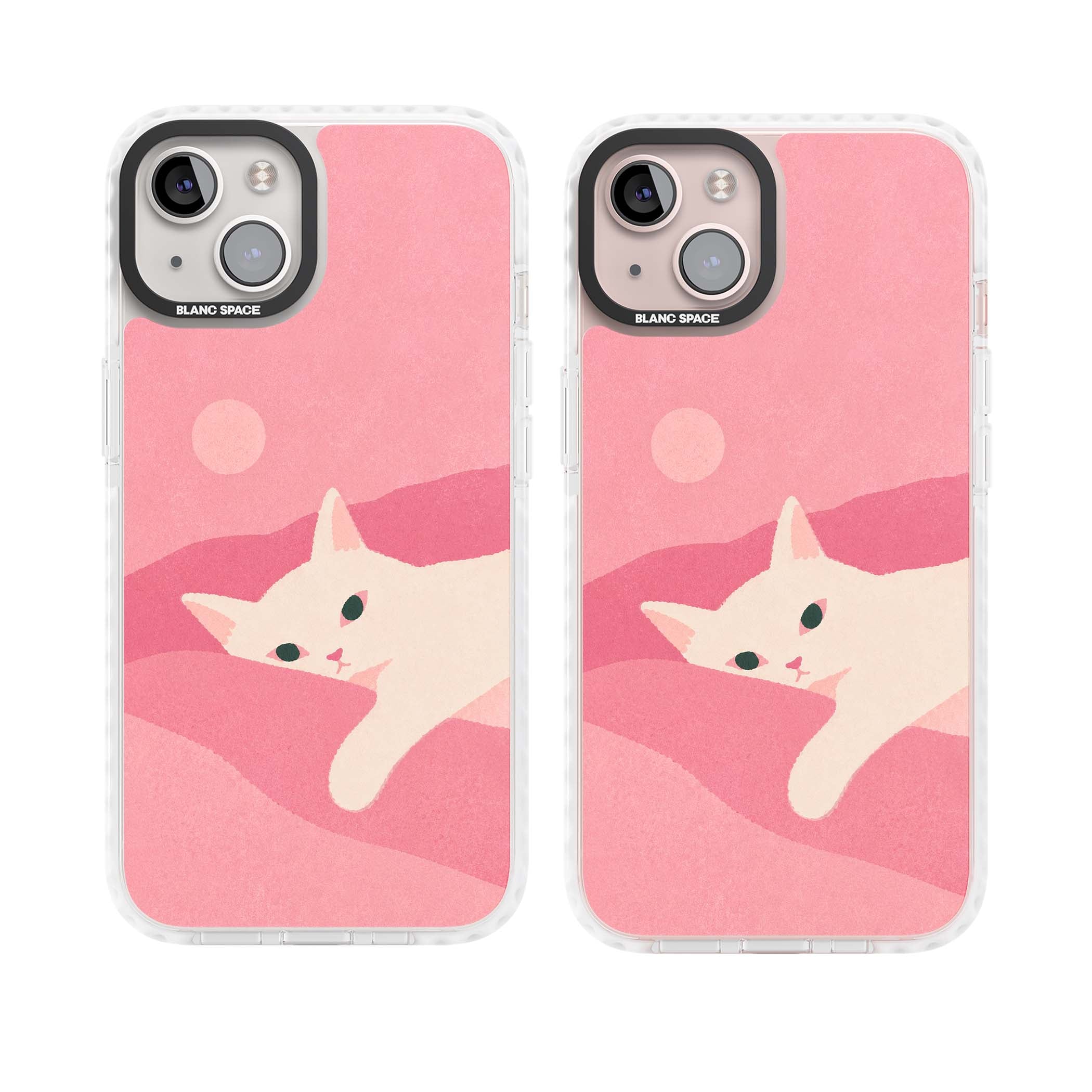 Pink Dreams cute cat iPhone case featuring a white kitten, soft pink hills and a pale pastel sun | Impact Magsafe case for iPhone 13, iPhone 14, iPhone 15