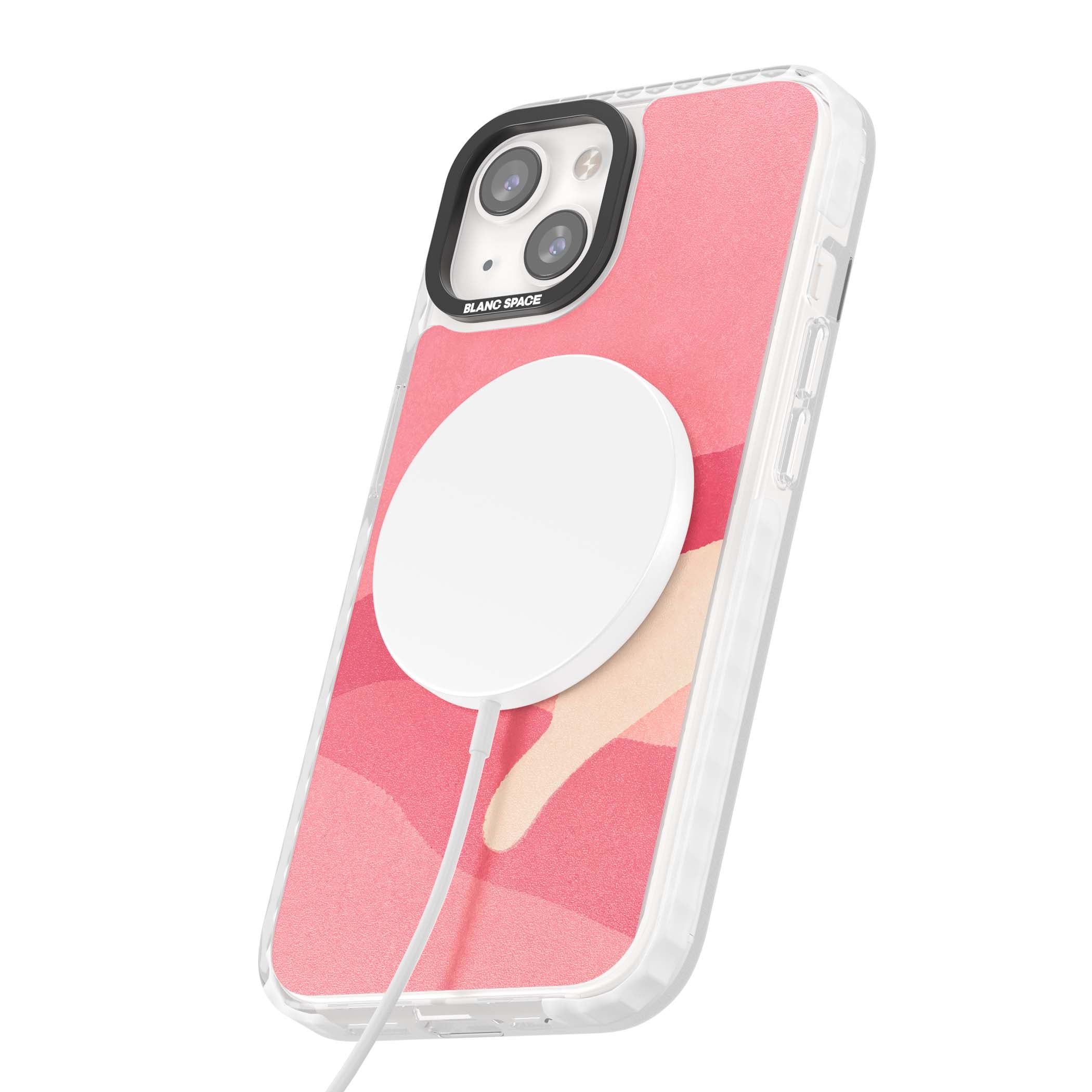 Pink Dreams cute cat iPhone case featuring a white kitten, soft pink hills and a pale pastel sun | Impact Magsafe case for iPhone 13, iPhone 14, iPhone 15