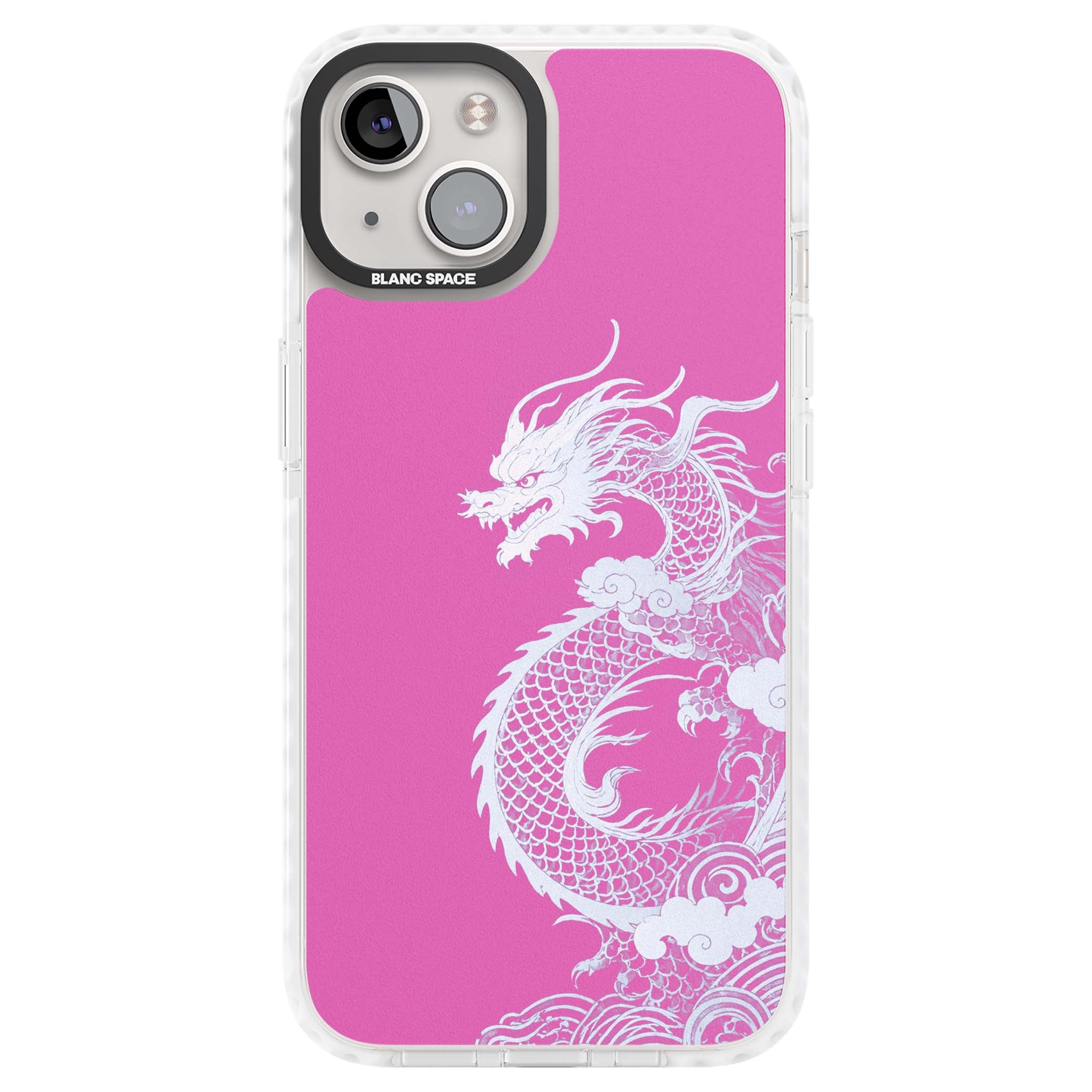 Pink Empress chinese dragon iPhone case featuring a white dragon, swirling clouds and pink dragon wallpaper backdrop | Impact Magsafe case for iPhone 13, iPhone 14, iPhone 15