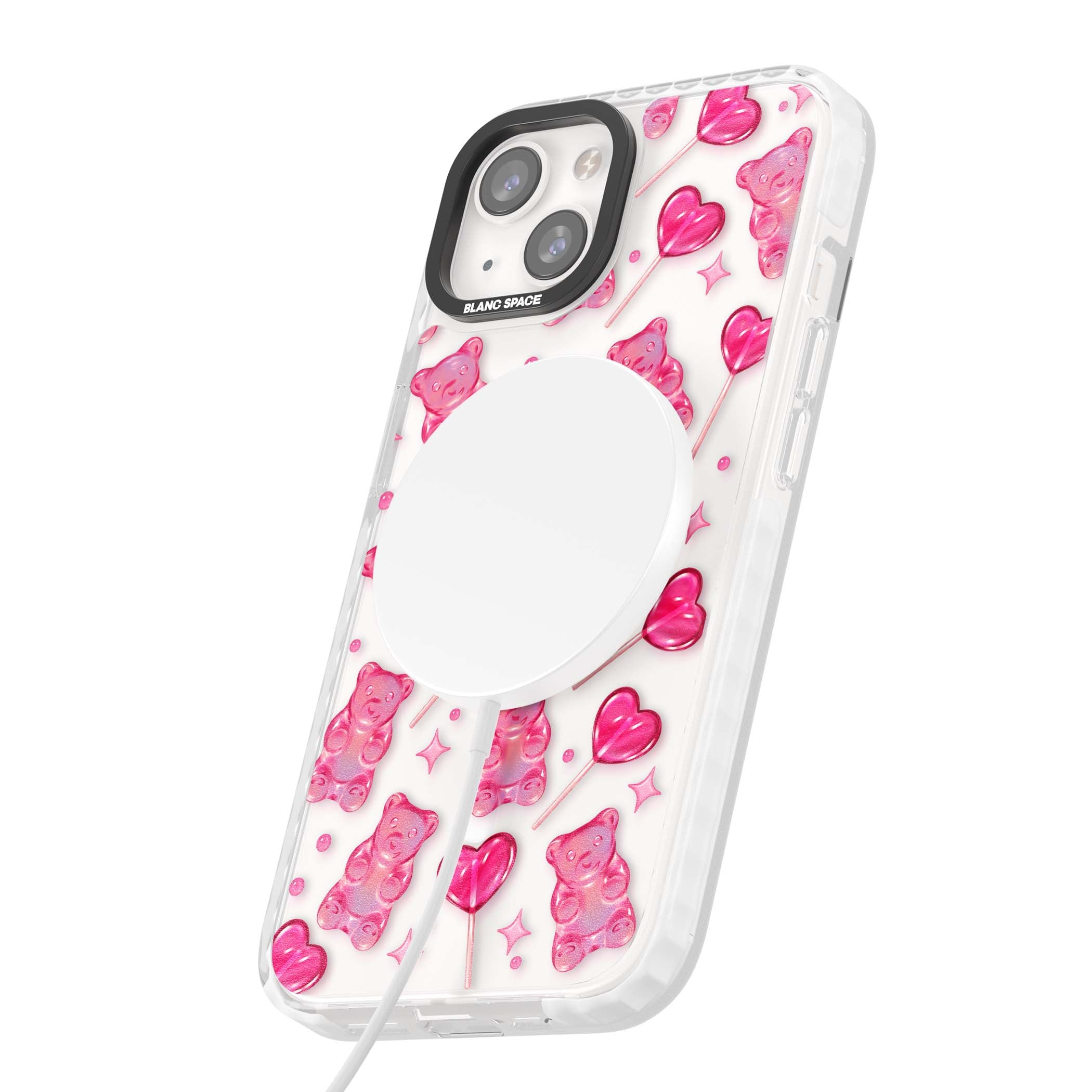 Pink Sugar pinkcore iPhone case featuring pink gummy bears, heart-shaped lollipops and sparkle stars | Impact Magsafe case for iPhone 13, iPhone 14, iPhone 15