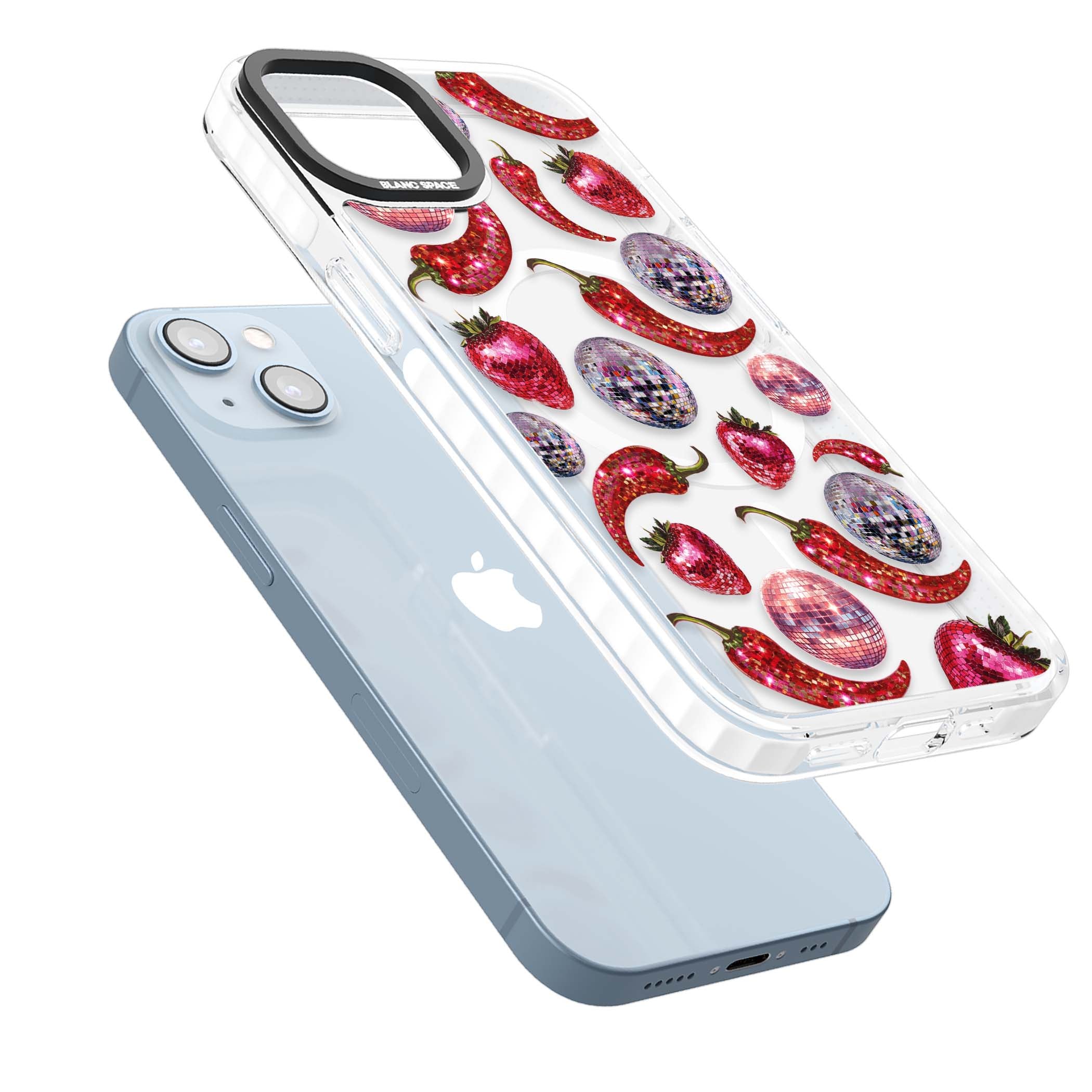 Spicy Disco Y2K iPhone case featuring glitter disco balls, sparkly strawberries and red chilli peppers | Impact Magsafe case for iPhone 13, iPhone 14, iPhone 15