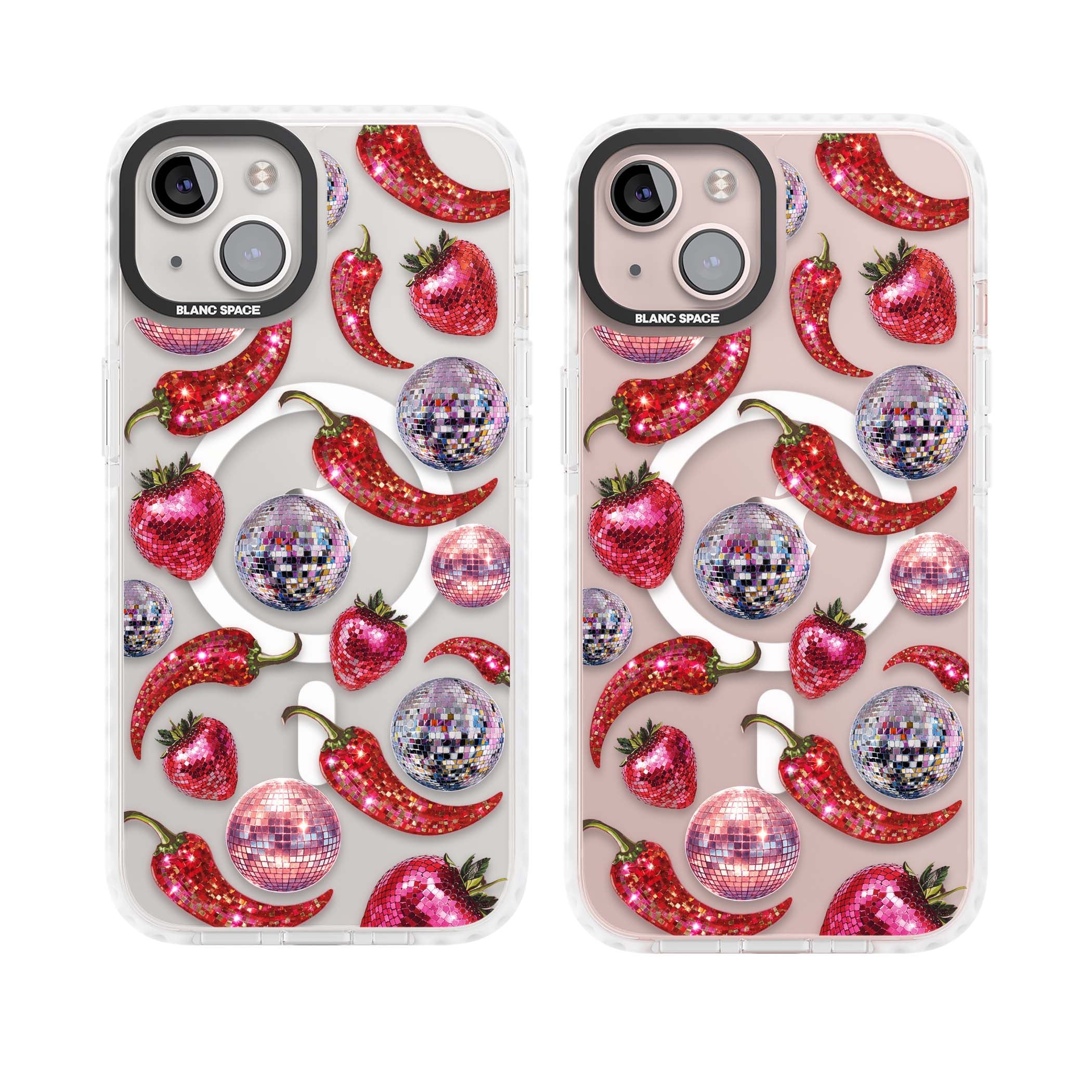 Spicy Disco Y2K iPhone case featuring glitter disco balls, sparkly strawberries and red chilli peppers | Impact Magsafe case for iPhone 13, iPhone 14, iPhone 15