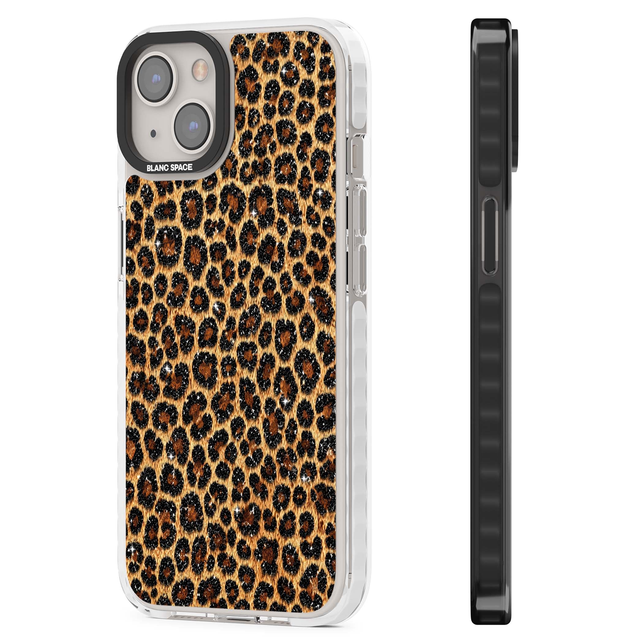 Diamond Leopard leopard print iPhone case featuring golden tan fur, black rosette spots and subtle glitter sparkle | Impact Magsafe case for iPhone 13, iPhone 14, iPhone 15