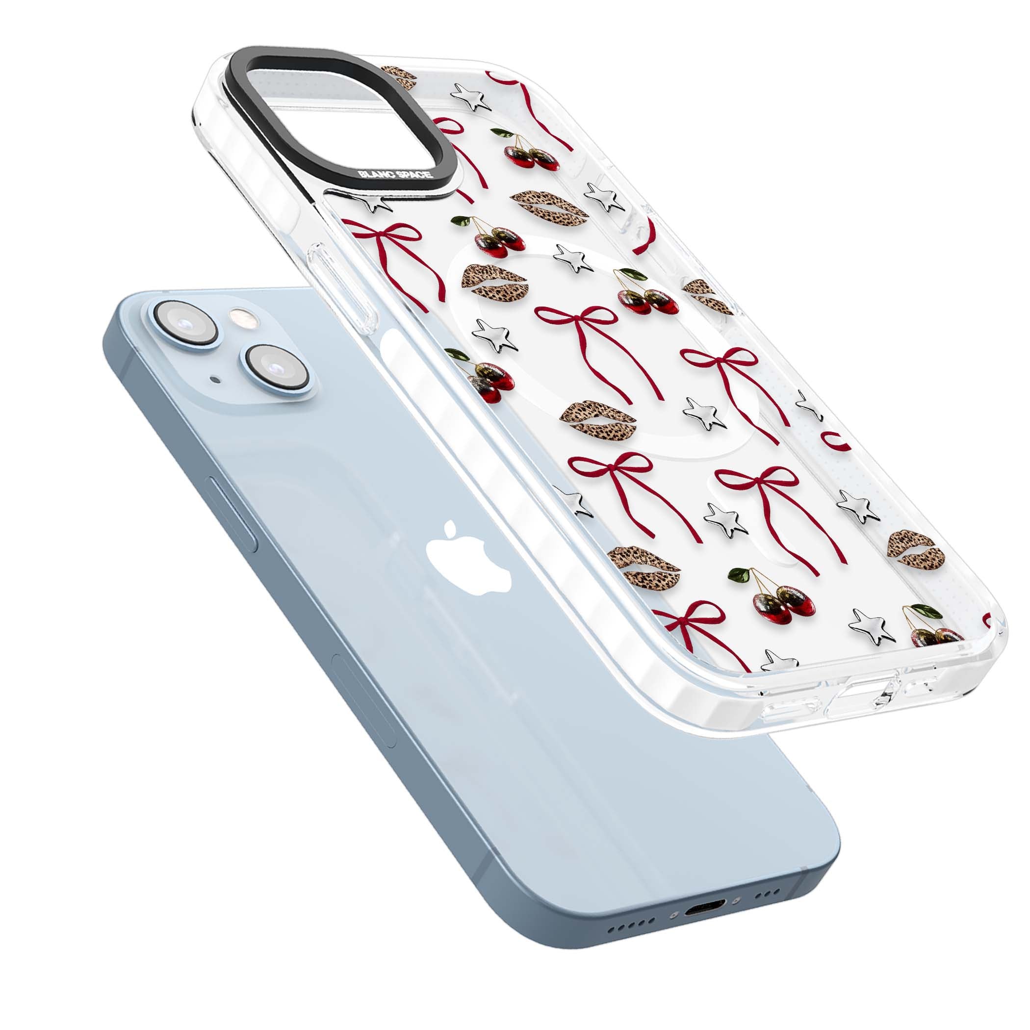 Starlet coquette iPhone case featuring red ribbon bows, disco cherries and leopard-print lips | Impact Magsafe case for iPhone 13, iPhone 14, iPhone 15