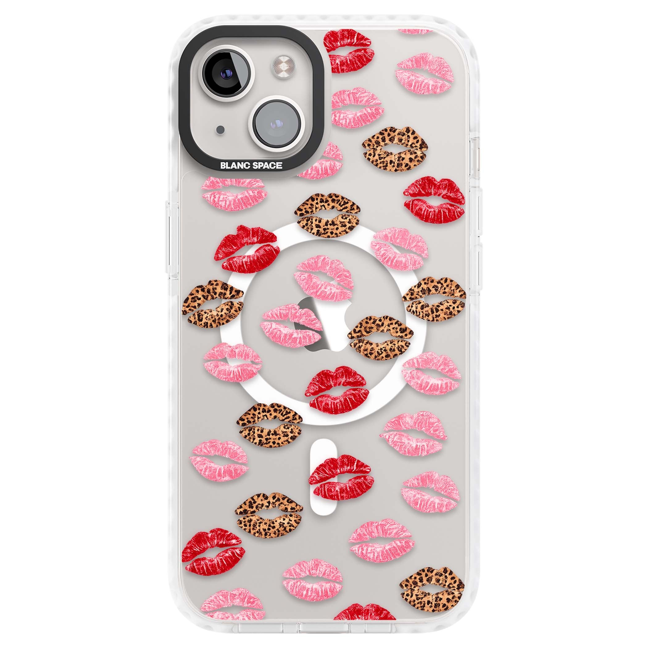 Wild Kisses coquette iPhone case featuring red, pink and leopard print lipstick kiss marks on a clear background | Impact Magsafe case for iPhone 13, iPhone 14, iPhone 15