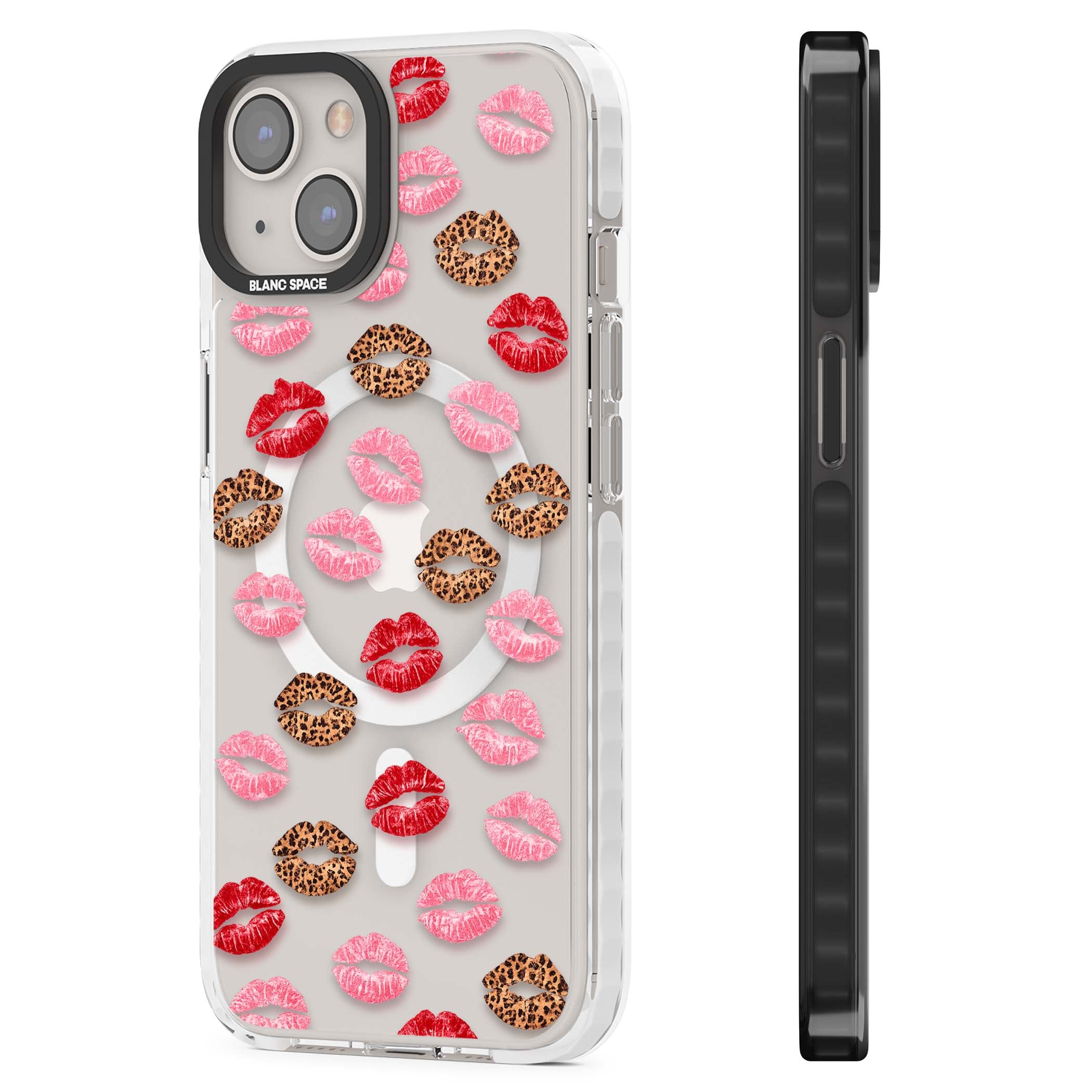 Wild Kisses coquette iPhone case featuring red, pink and leopard print lipstick kiss marks on a clear background | Impact Magsafe case for iPhone 13, iPhone 14, iPhone 15