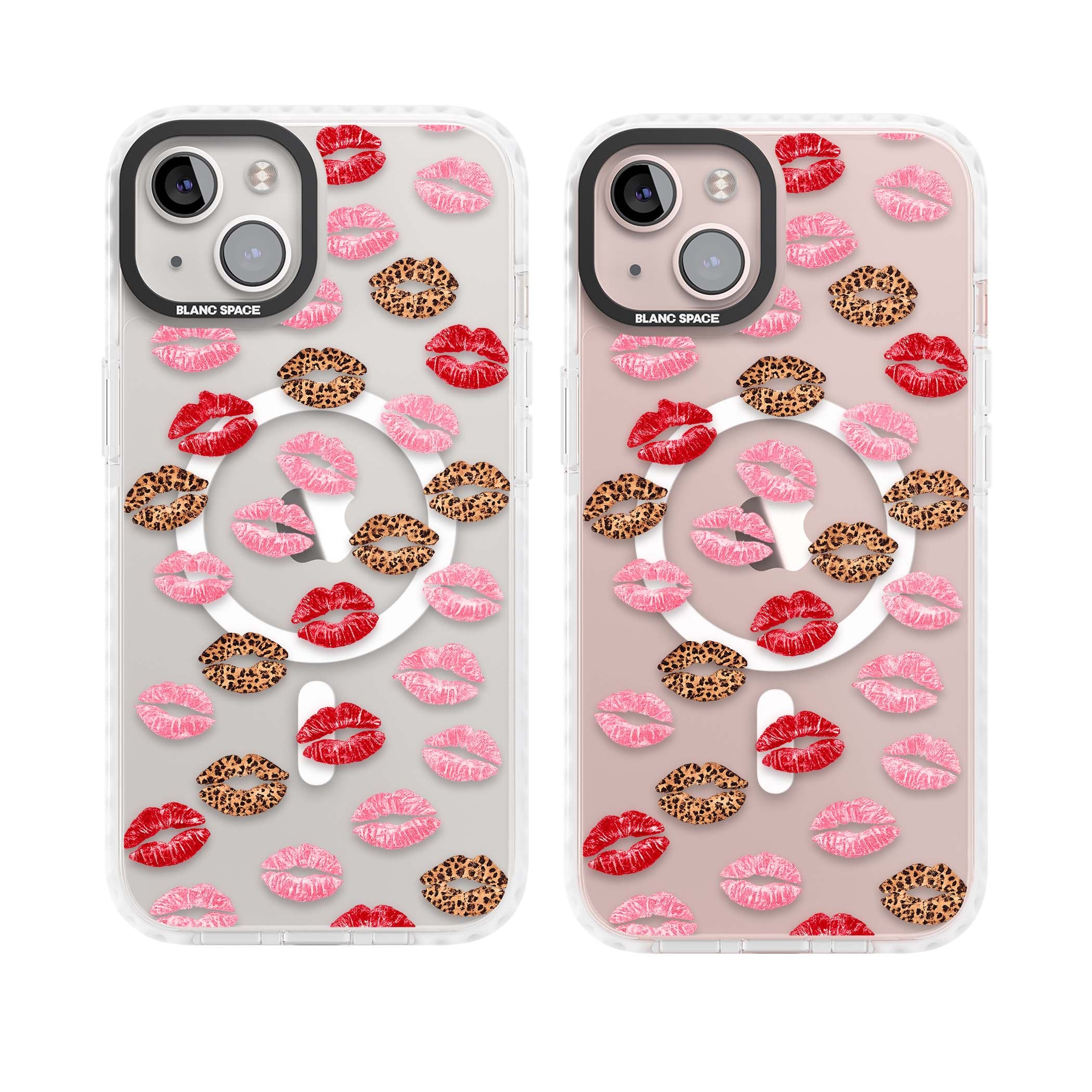 Wild Kisses coquette iPhone case featuring red, pink and leopard print lipstick kiss marks on a clear background | Impact Magsafe case for iPhone 13, iPhone 14, iPhone 15