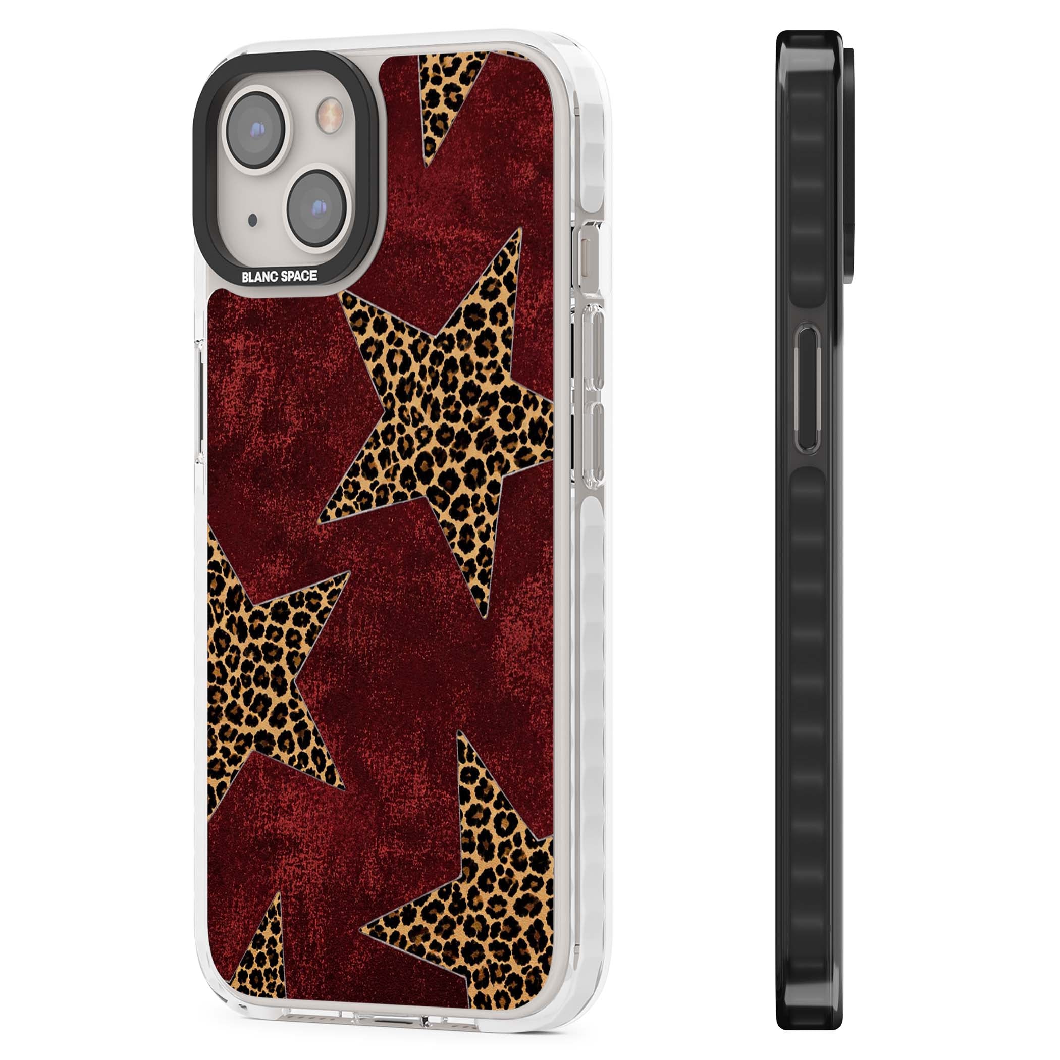 Showgirl leopard print iPhone case featuring cheetah print stars on distressed red grunge background | Impact Magsafe case for iPhone 13, iPhone 14, iPhone 15
