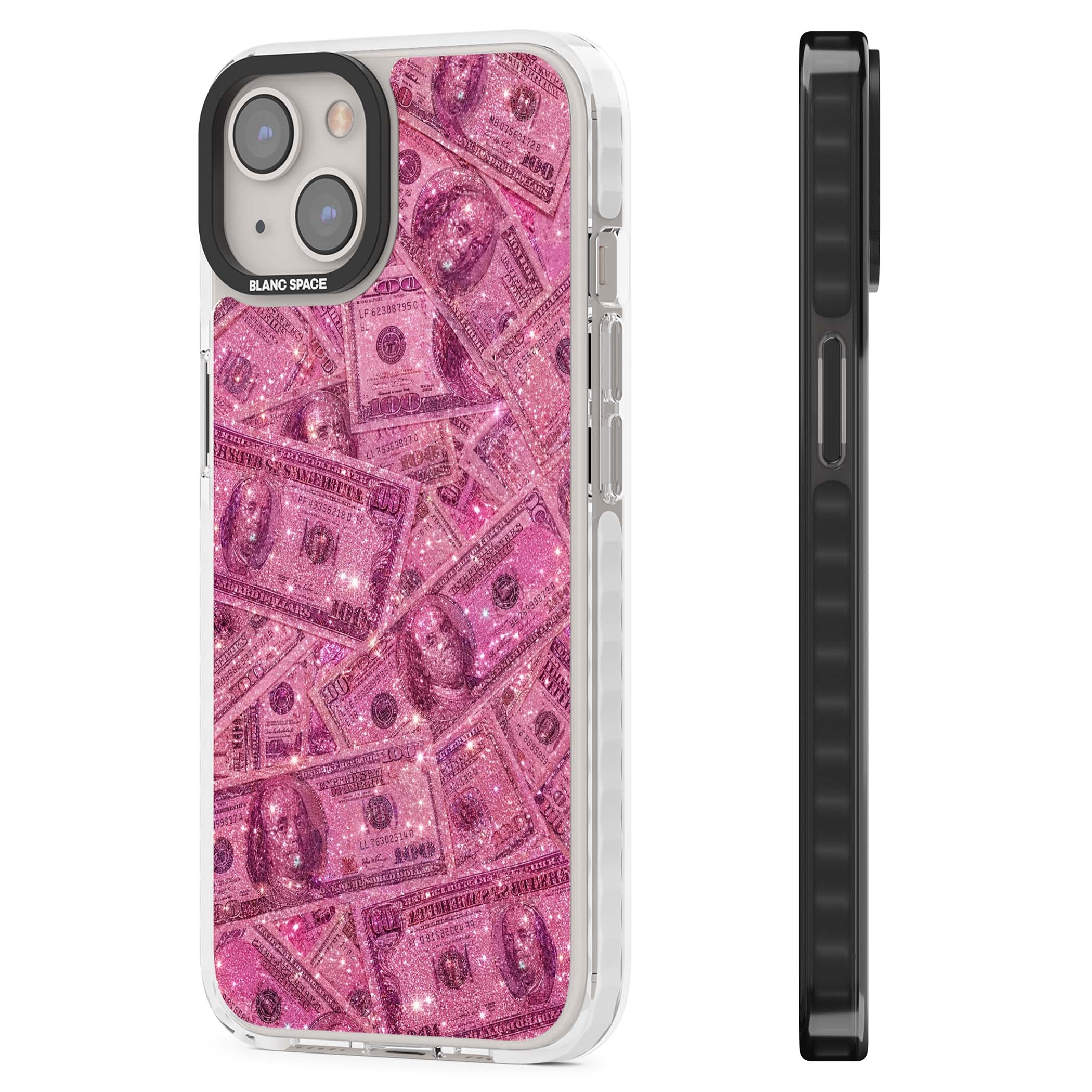 Glamorous baddie iPhone case featuring pink glitter hundred dollar bills and sparkling money wallpaper design | Impact Magsafe case for iPhone 13, iPhone 14, iPhone 15