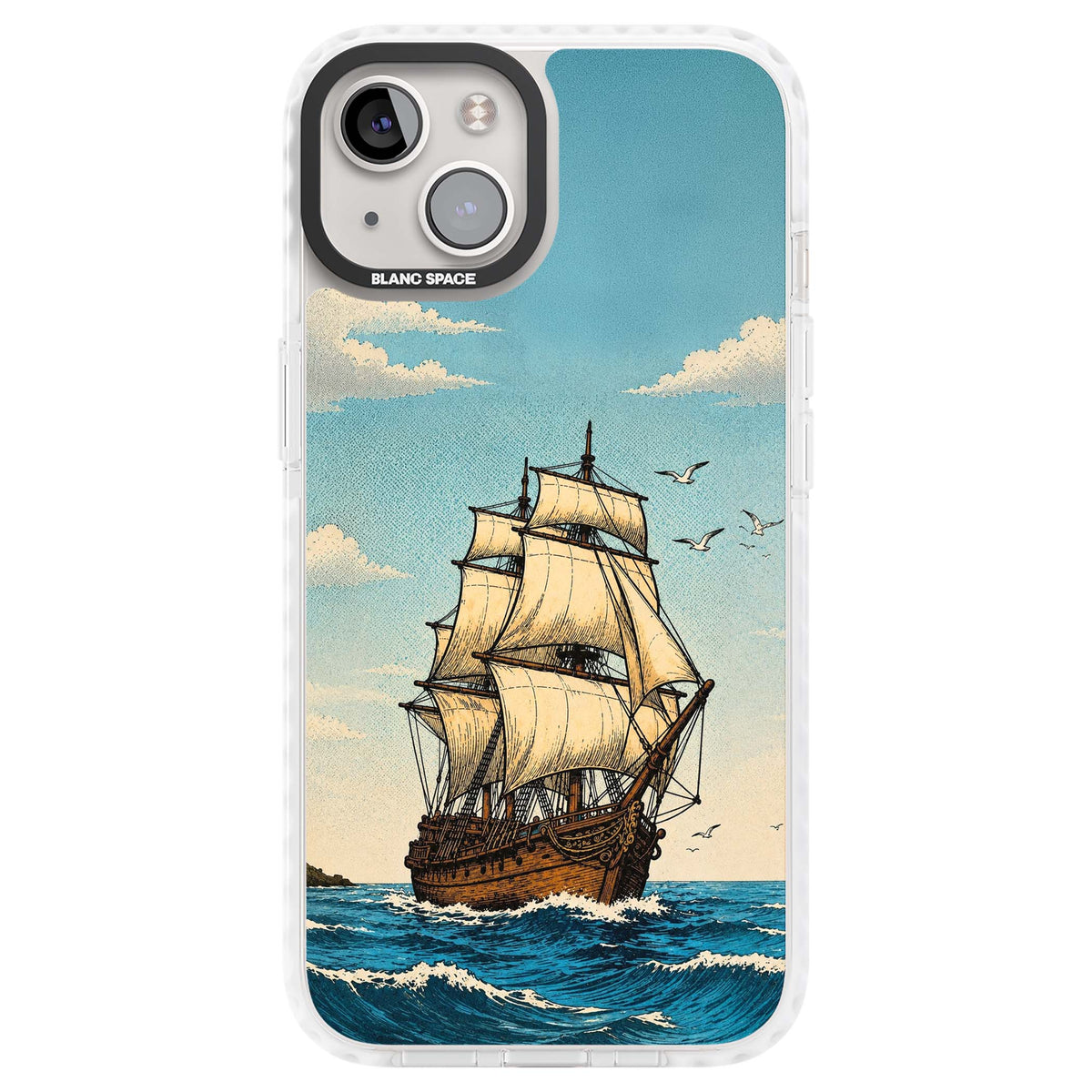 Ship at Sea nautical iPhone case featuring a vintage tall ship, ocean waves and seagulls | Impact Magsafe case for iPhone 13, iPhone 14, iPhone 15