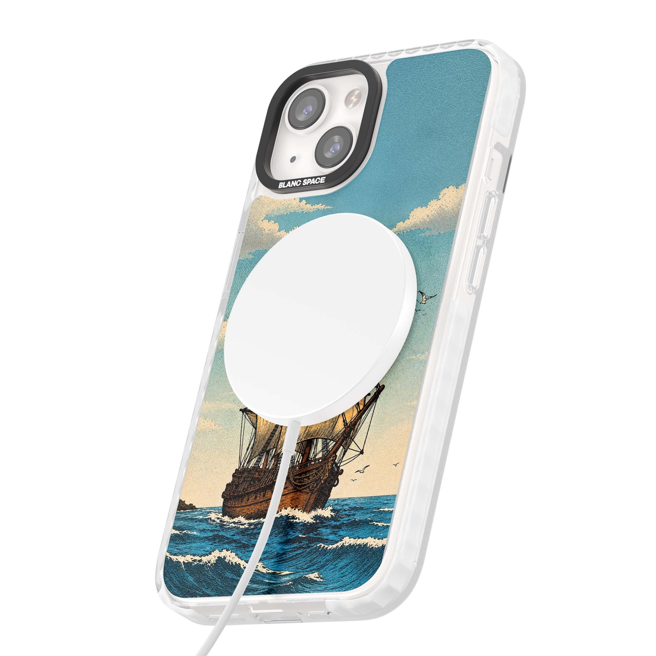 Ship at Sea nautical iPhone case featuring a vintage tall ship, ocean waves and seagulls | Impact Magsafe case for iPhone 13, iPhone 14, iPhone 15