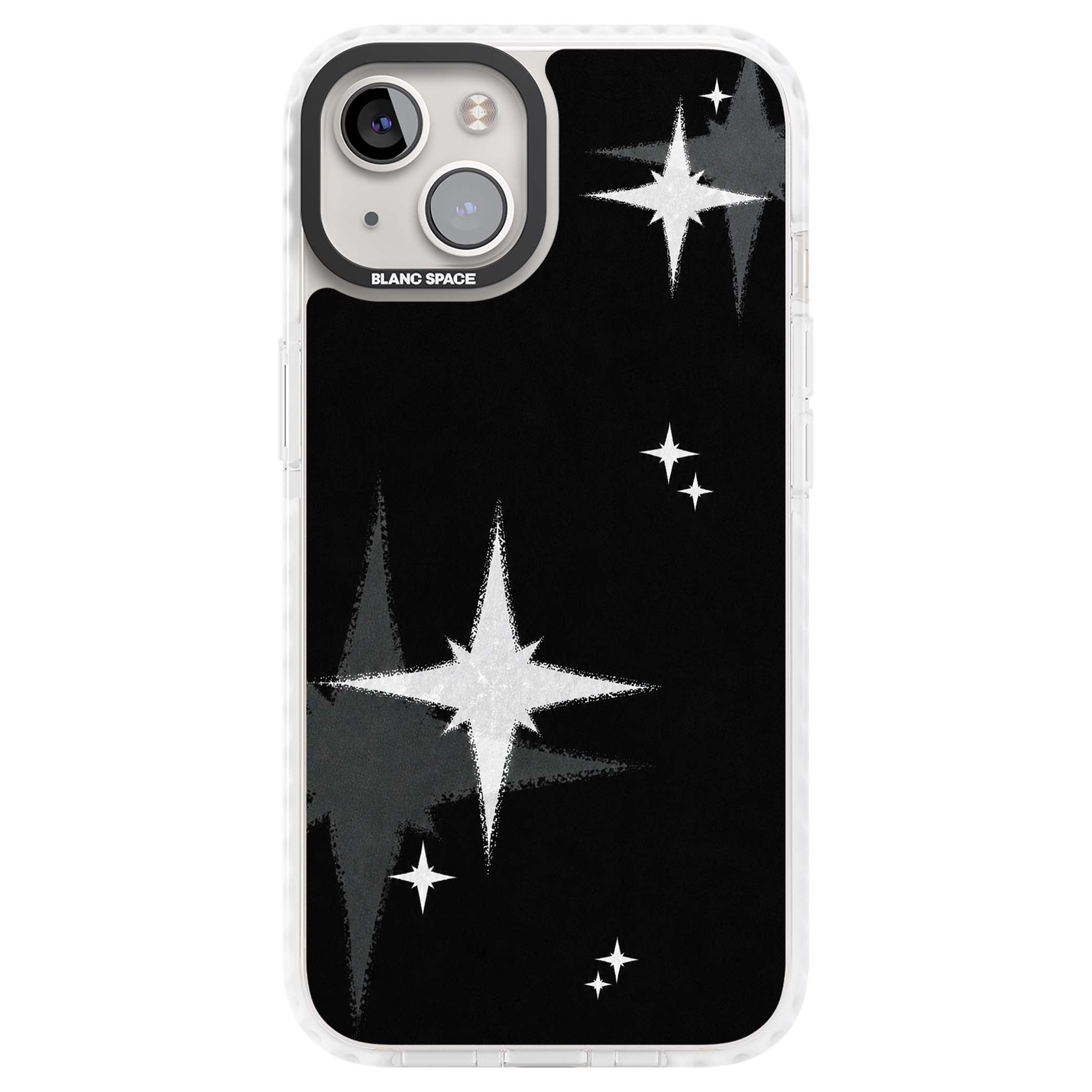 Black Sparkle celestial iPhone case featuring white sparkle stars on a black night sky background | Impact Magsafe case for iPhone 13, iPhone 14, iPhone 15