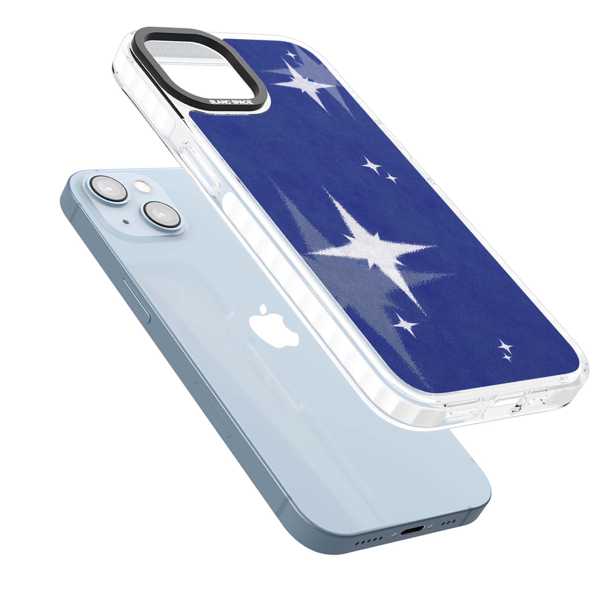Blue Sparkle celestial iPhone case featuring sparkling silver stars on a deep blue painterly night sky | Impact Magsafe case for iPhone 13, iPhone 14, iPhone 15