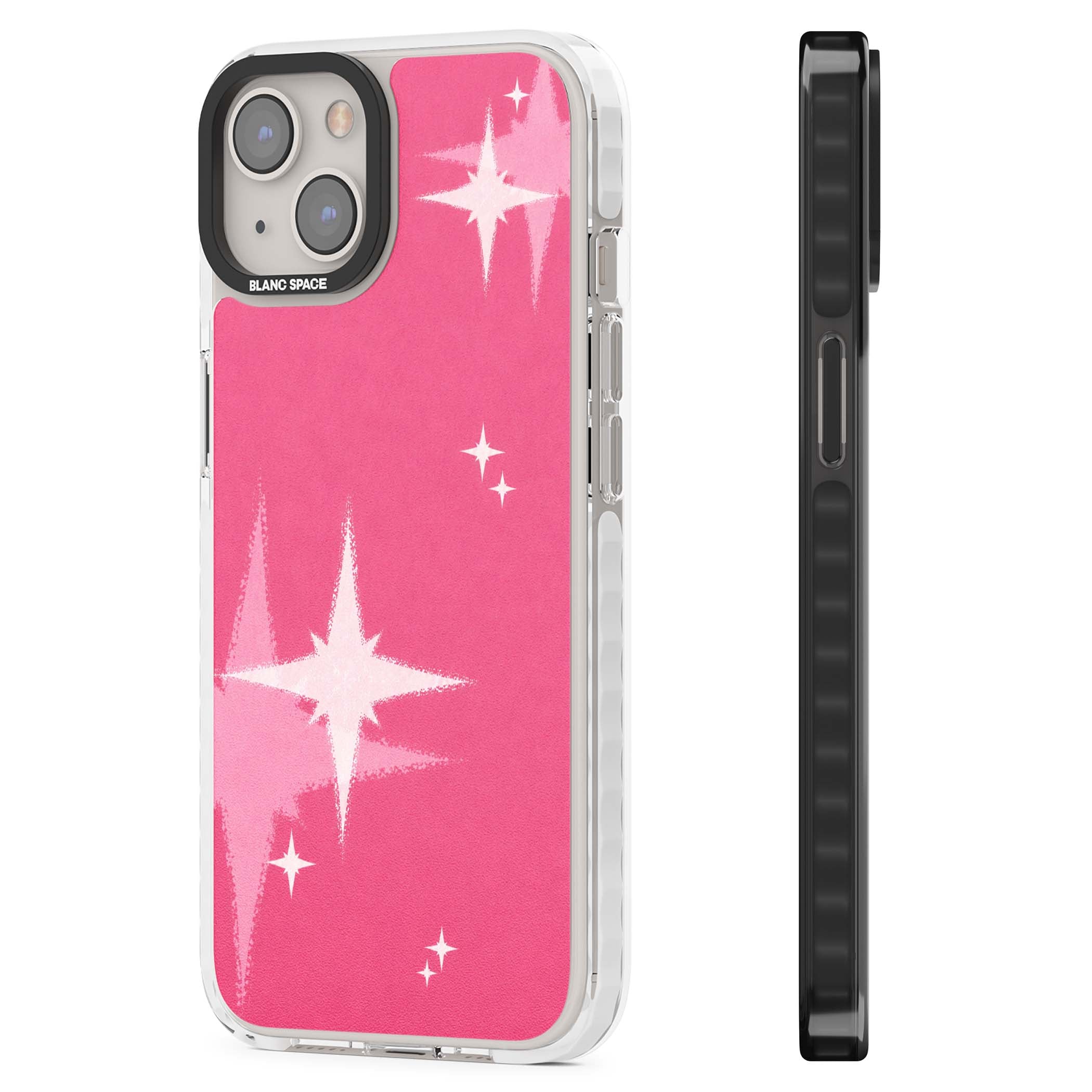 Pink Sparkle Y2K iPhone case featuring hot pink background with shimmering white starburst pattern | Impact Magsafe case for iPhone 13, iPhone 14, iPhone 15