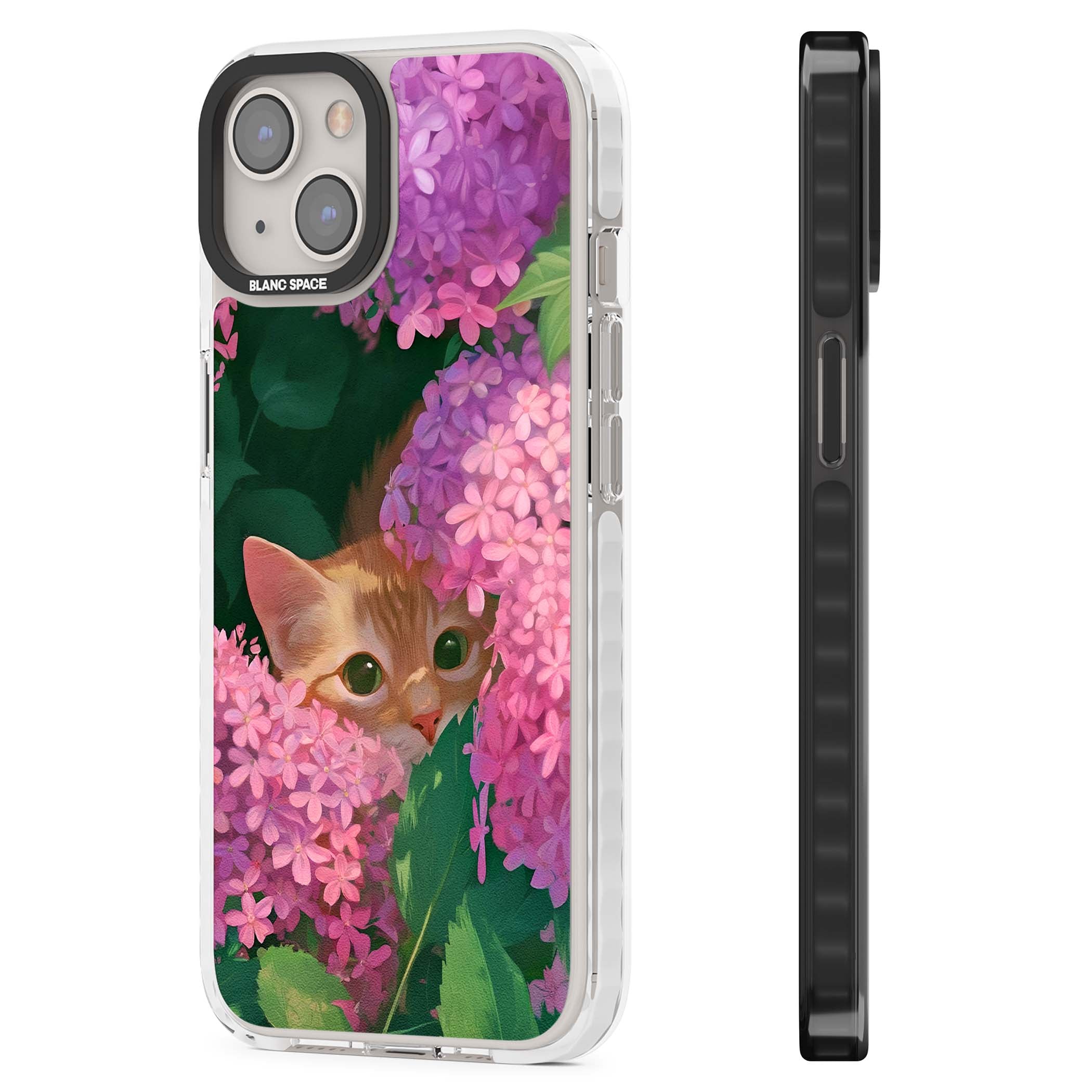 Cat In Pink Flowers cottagecore iPhone case featuring a ginger kitten peeking through lilac and pink hydrangea flo | Impact Magsafe case for iPhone 13, iPhone 14, iPhone 15