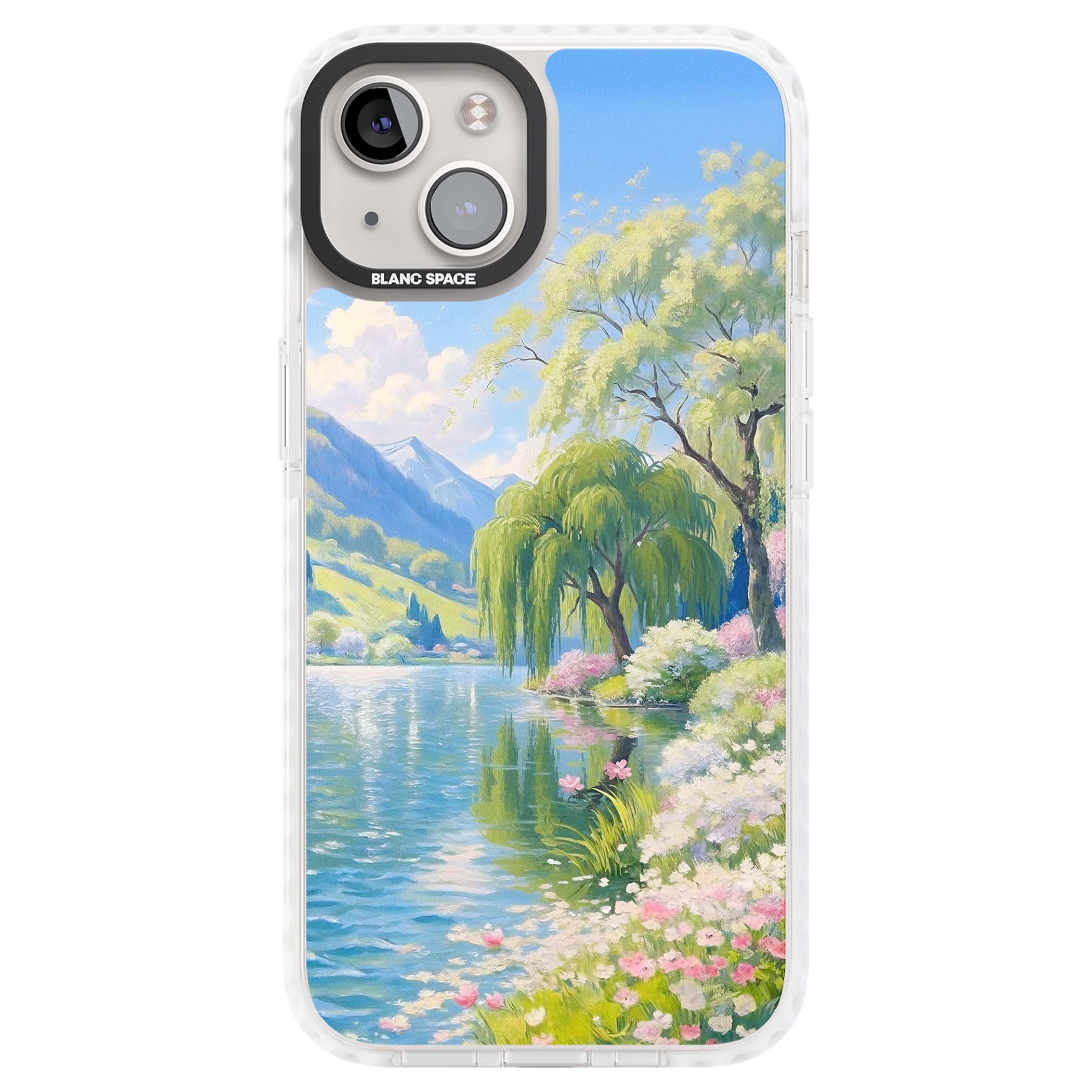 Willow Lake cottagecore iPhone case featuring a painted lakeside with weeping willow, blossoms and distant mountains | Impact Magsafe case for iPhone 13, iPhone 14, iPhone 15