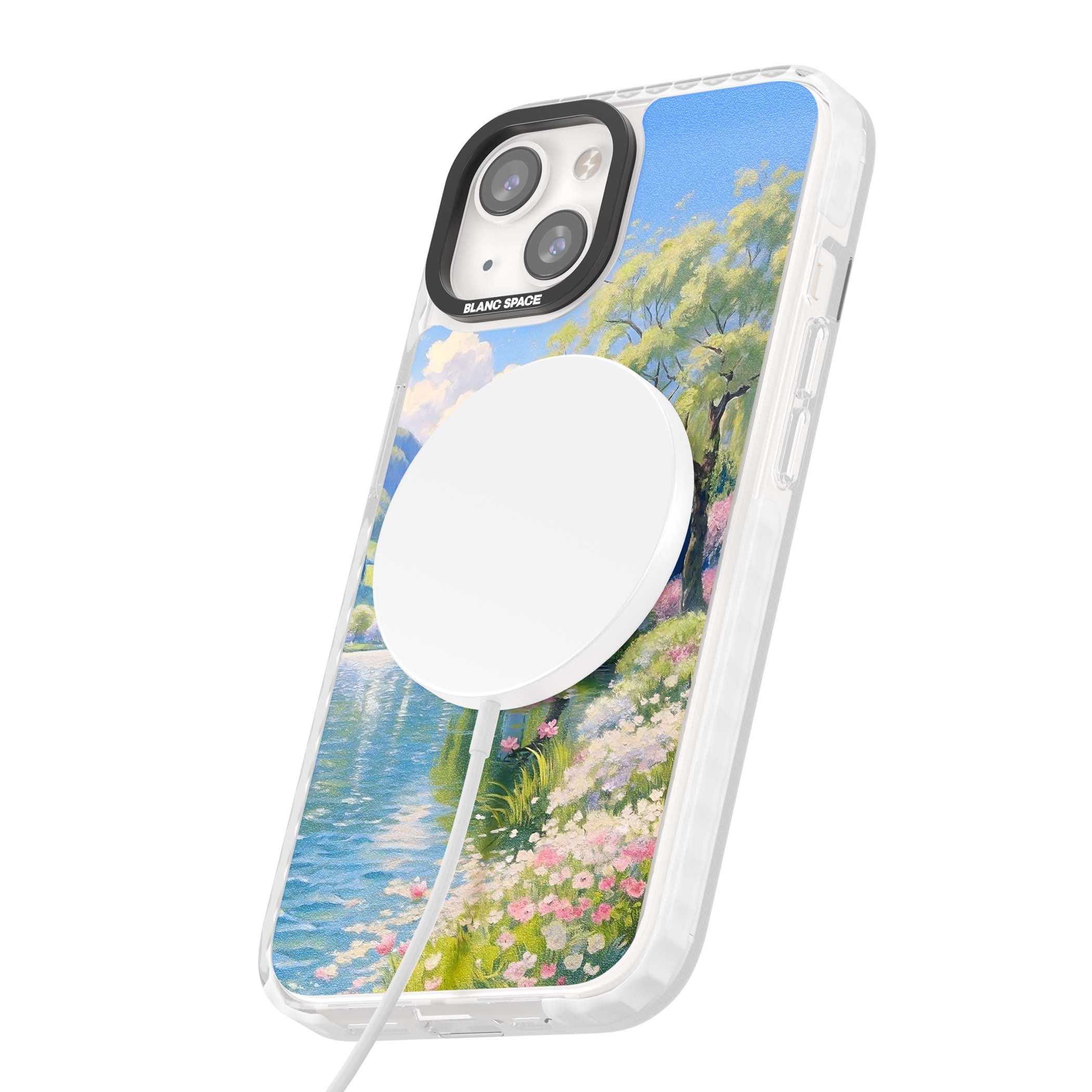 Willow Lake cottagecore iPhone case featuring a painted lakeside with weeping willow, blossoms and distant mountains | Impact Magsafe case for iPhone 13, iPhone 14, iPhone 15
