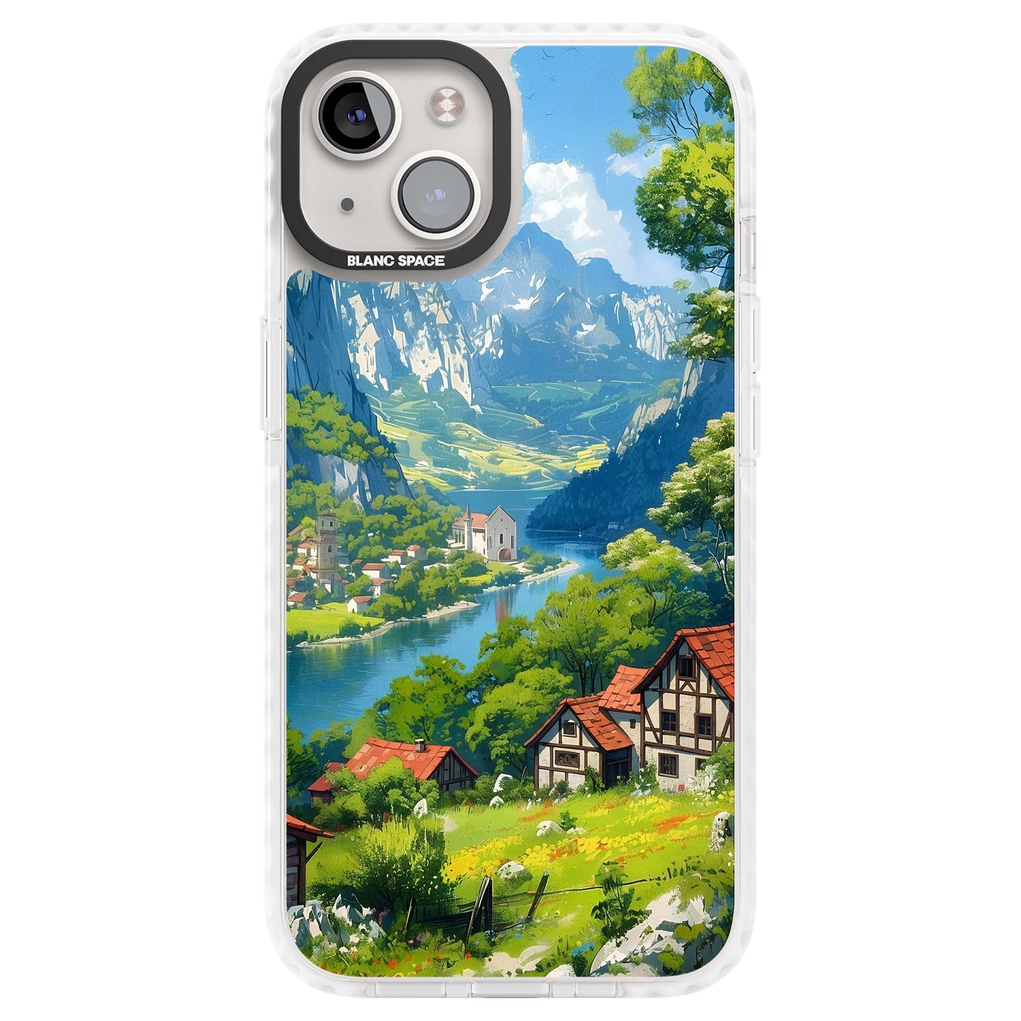 Village In The Valley anime iPhone case featuring a painted mountain village, river valley and half-timbered cottages. | Impact Magsafe case for iPhone 13, iPhone 14, iPhone 15