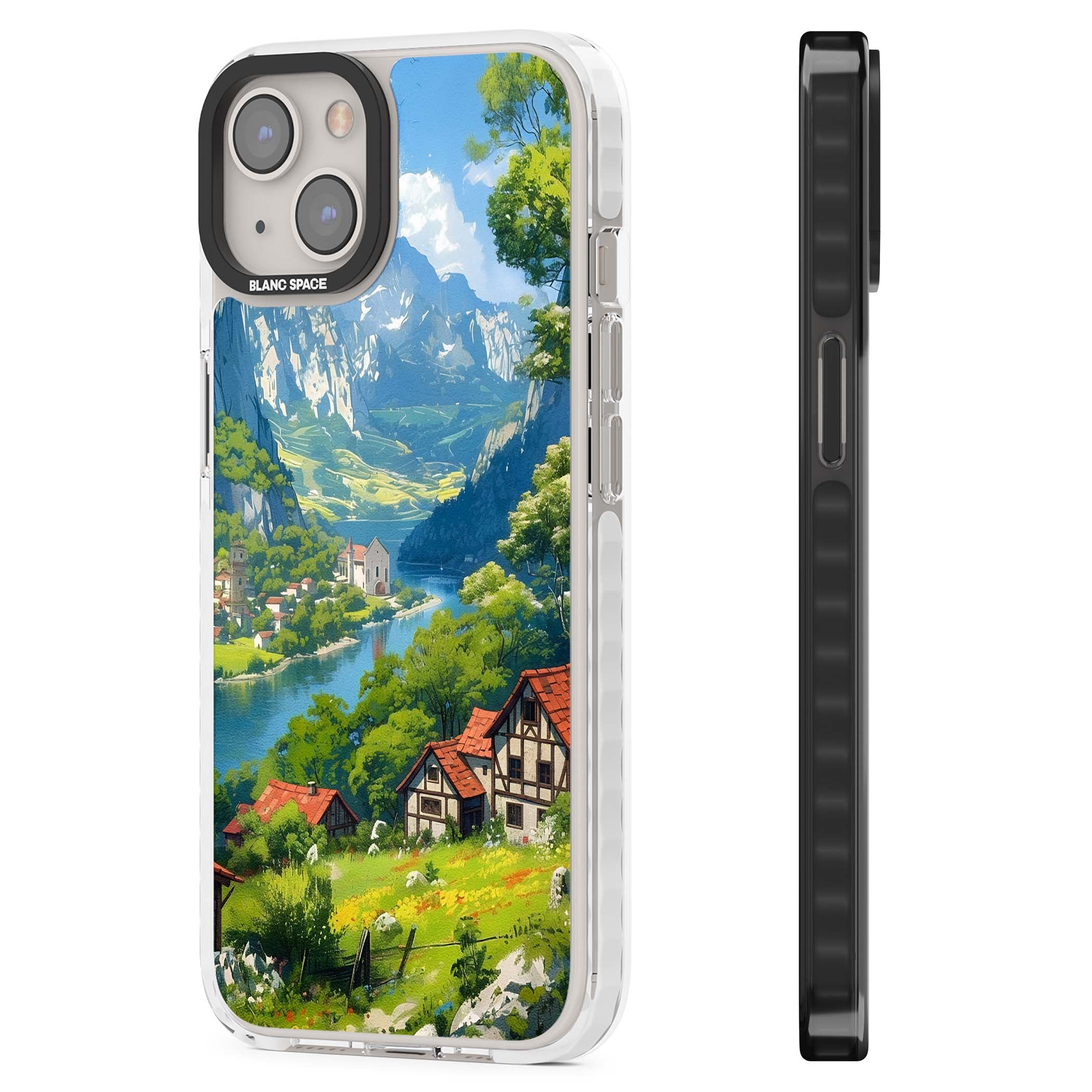 Village In The Valley anime iPhone case featuring a painted mountain village, river valley and half-timbered cottages. | Impact Magsafe case for iPhone 13, iPhone 14, iPhone 15